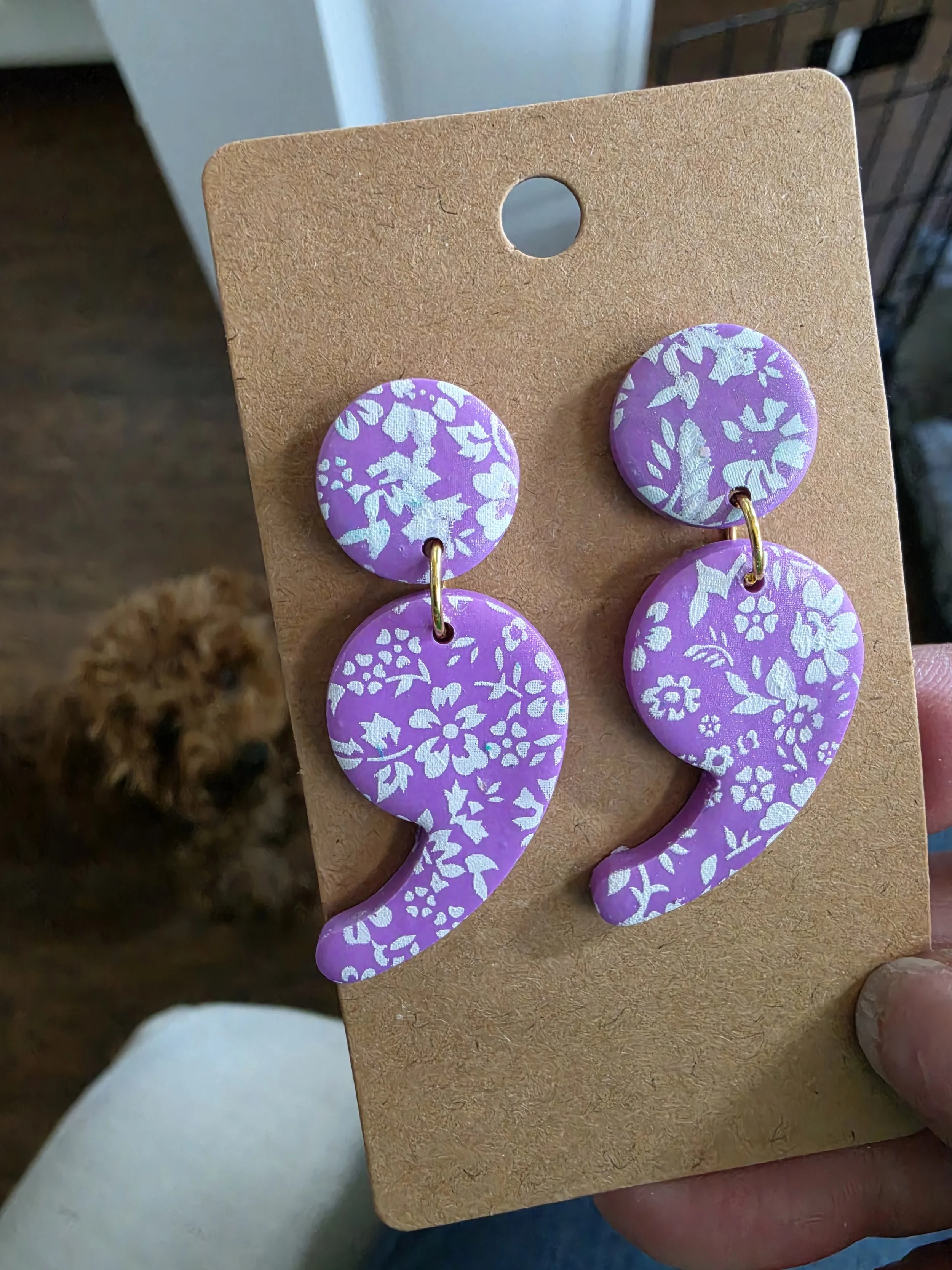 lavender polymer clay earrings with white painted stencil flowers