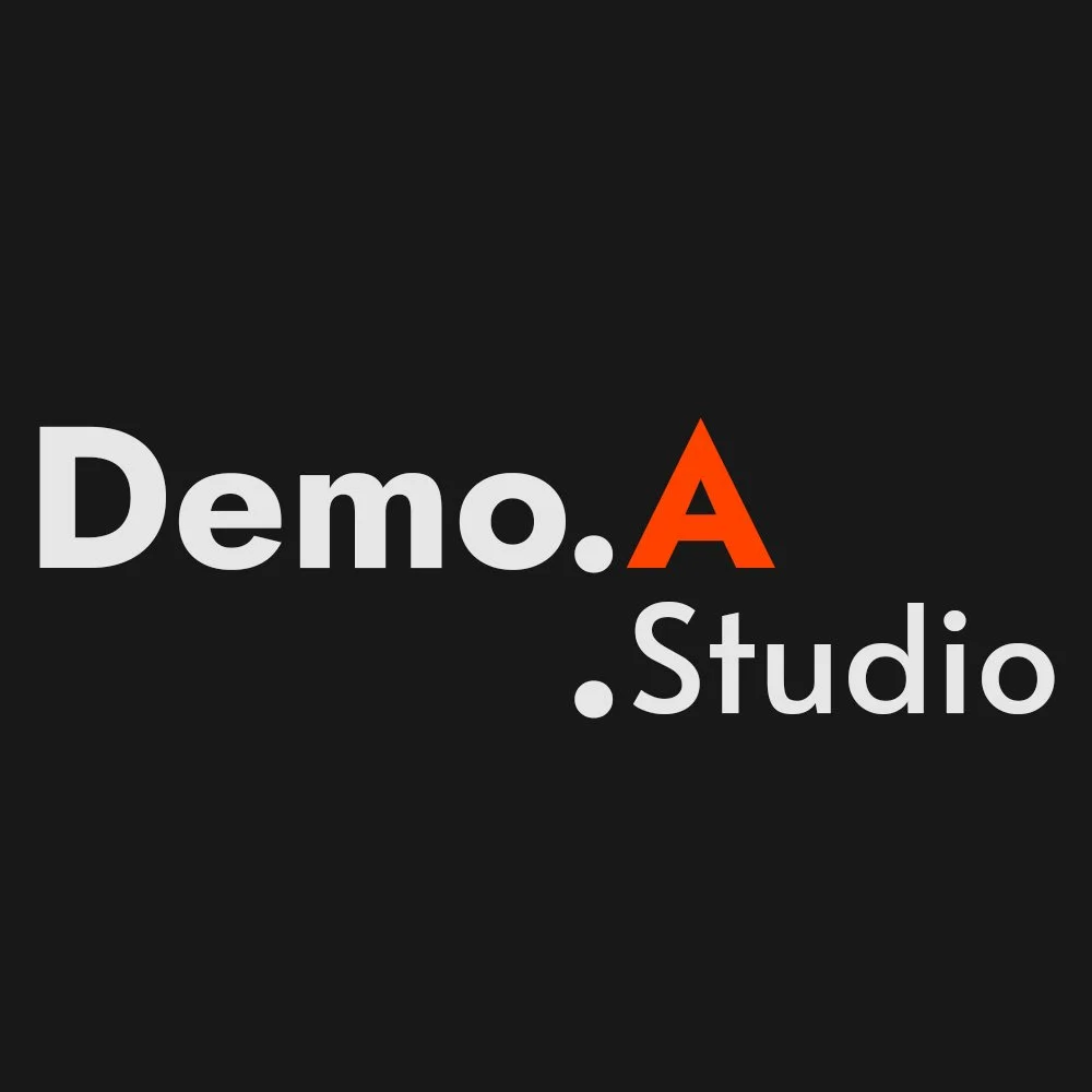 Black background with the text 'Demo. A Studio' in gray, and the letter 'A' in red.