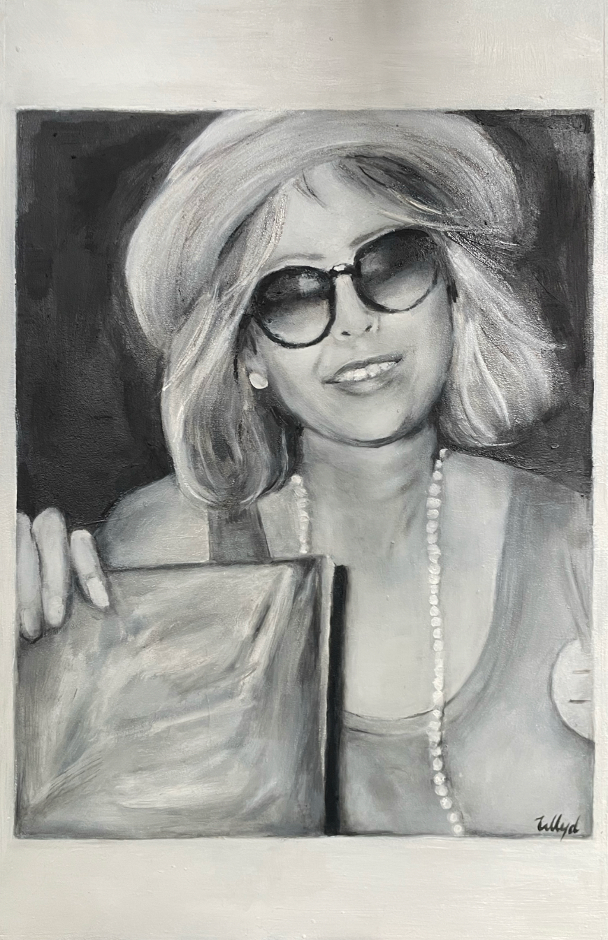 A black and white painting of a woman wearing large sunglasses, a wide-brimmed hat, with a pearl necklace, holding a purse.