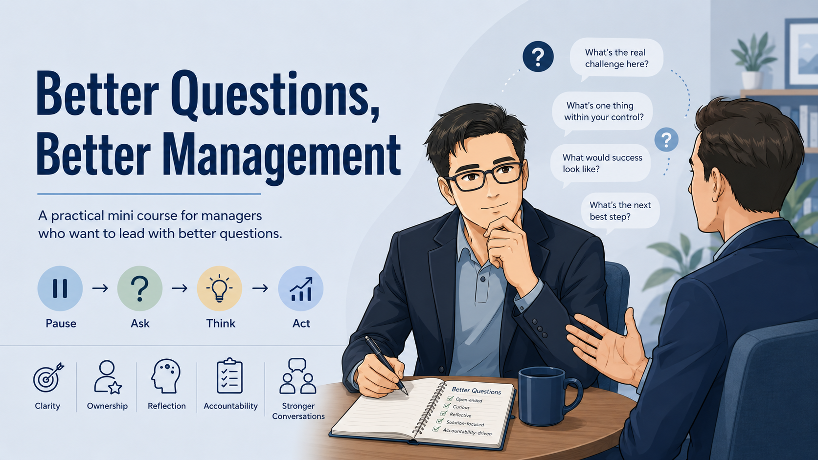 Illustration of two men in a professional setting having a conversation. One is holding a pen and has a notebook with a checklist titled 'Better Questions'. The background includes a bookshelf and a potted plant. The text on the left reads 'Better Questions, Better Management' and describes a mini course for managers, emphasizing asking better questions.