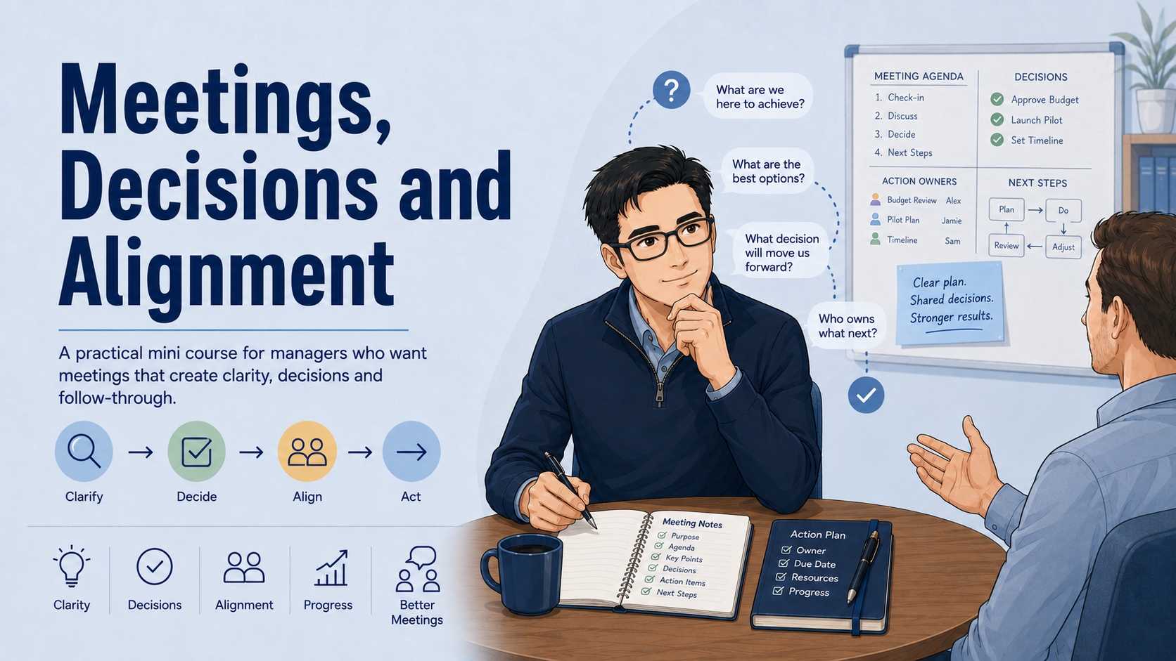 Illustration of two men having a meeting about meetings, decisions, and alignment, with charts, a notebook, and a whiteboard in the background.