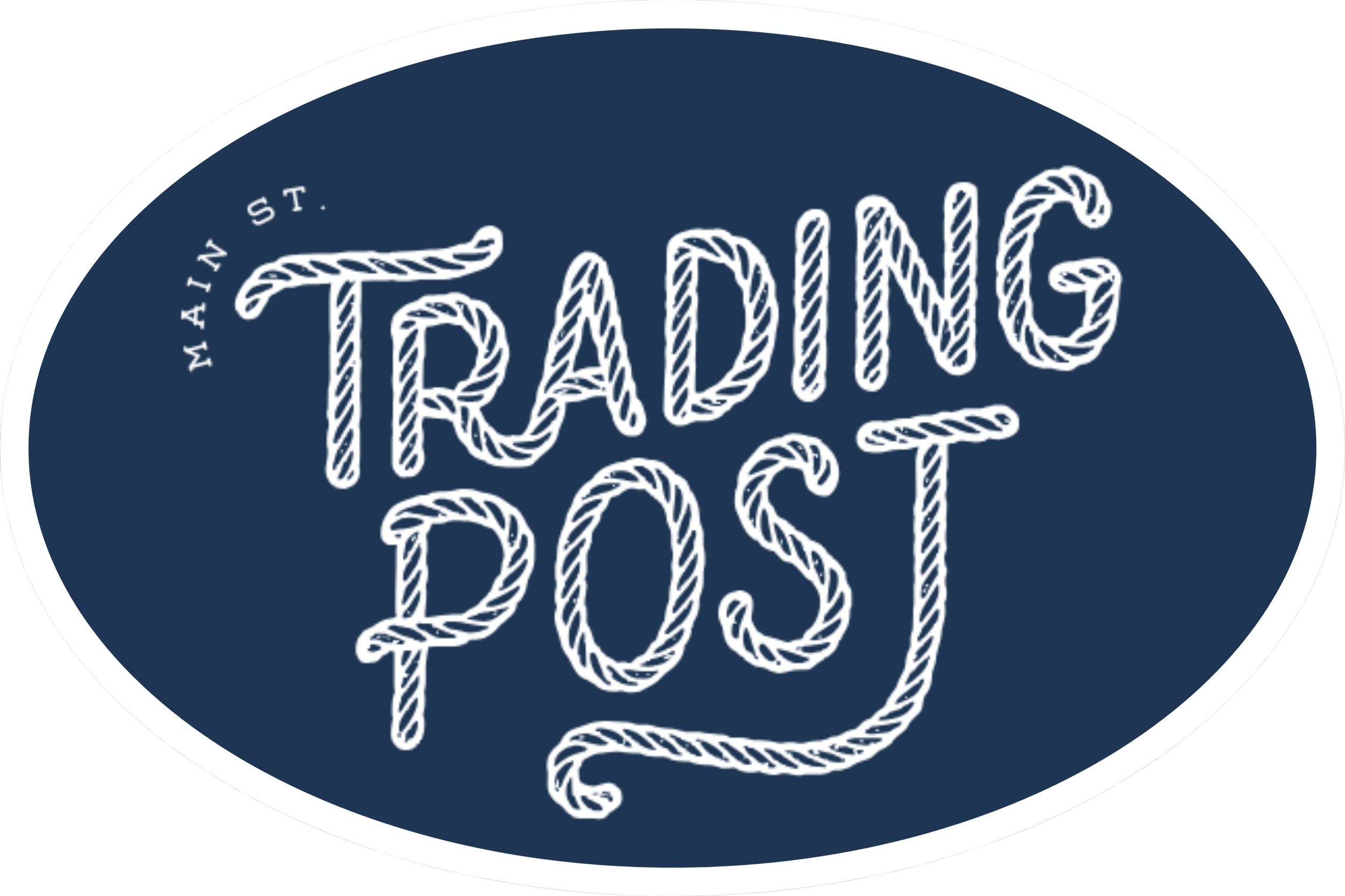 Close-up of a circular navy blue sticker with white rope-style text reading 'Main St. Trading Post' and an outline border.