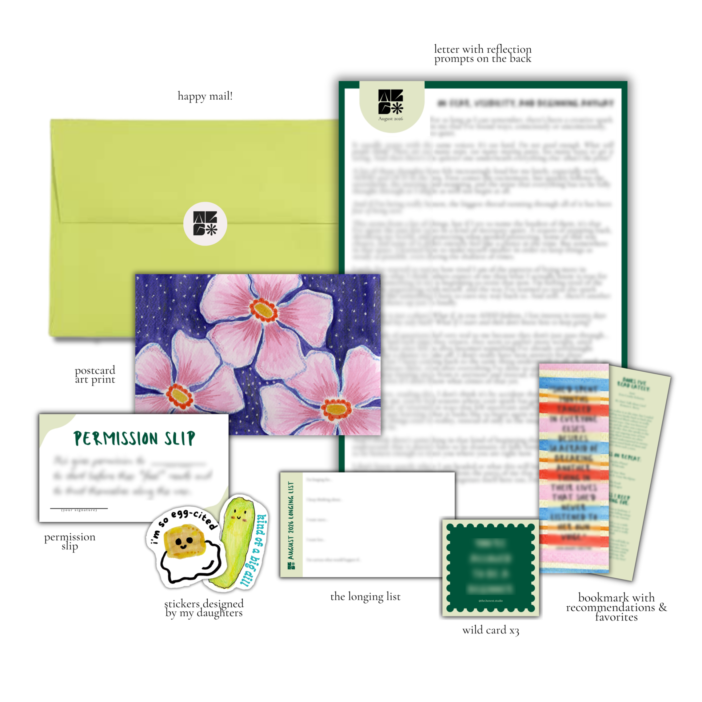A collection of various stationery items, including colorful sticky notes, a sticker with a smiley face and the text 'big deal, i'm so egg-cited,' watercolor artwork of pink and purple flowers, a permission slip with green accents, and other paper sheets with printed text and designs.