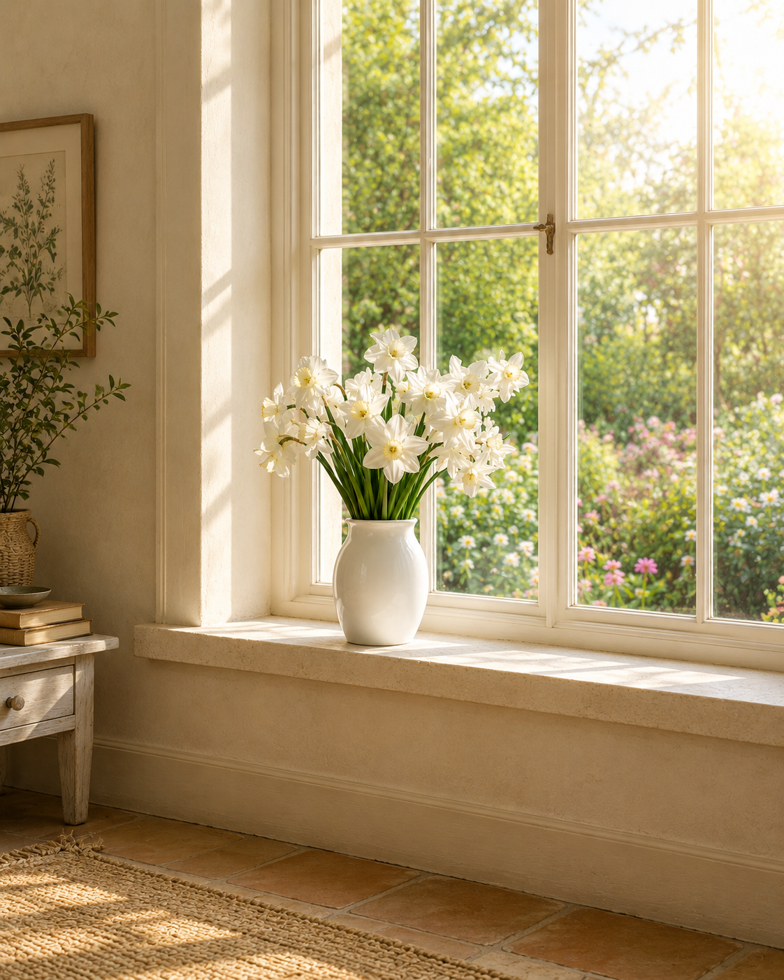 A white vase with white flowers on a windowsill, sunlight streaming through a large window showing a garden with blooming flowers outside.