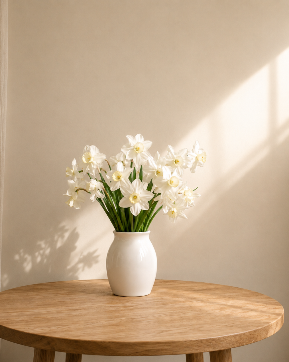 White daffodil flowers in a white vase on a wooden table with soft sunlight casting shadows on a neutral wall.