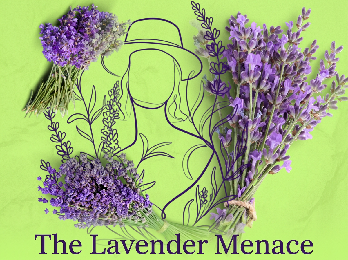 Illustration of a woman wearing a hat, surrounded by bunches of purple lavender flowers on a green background.