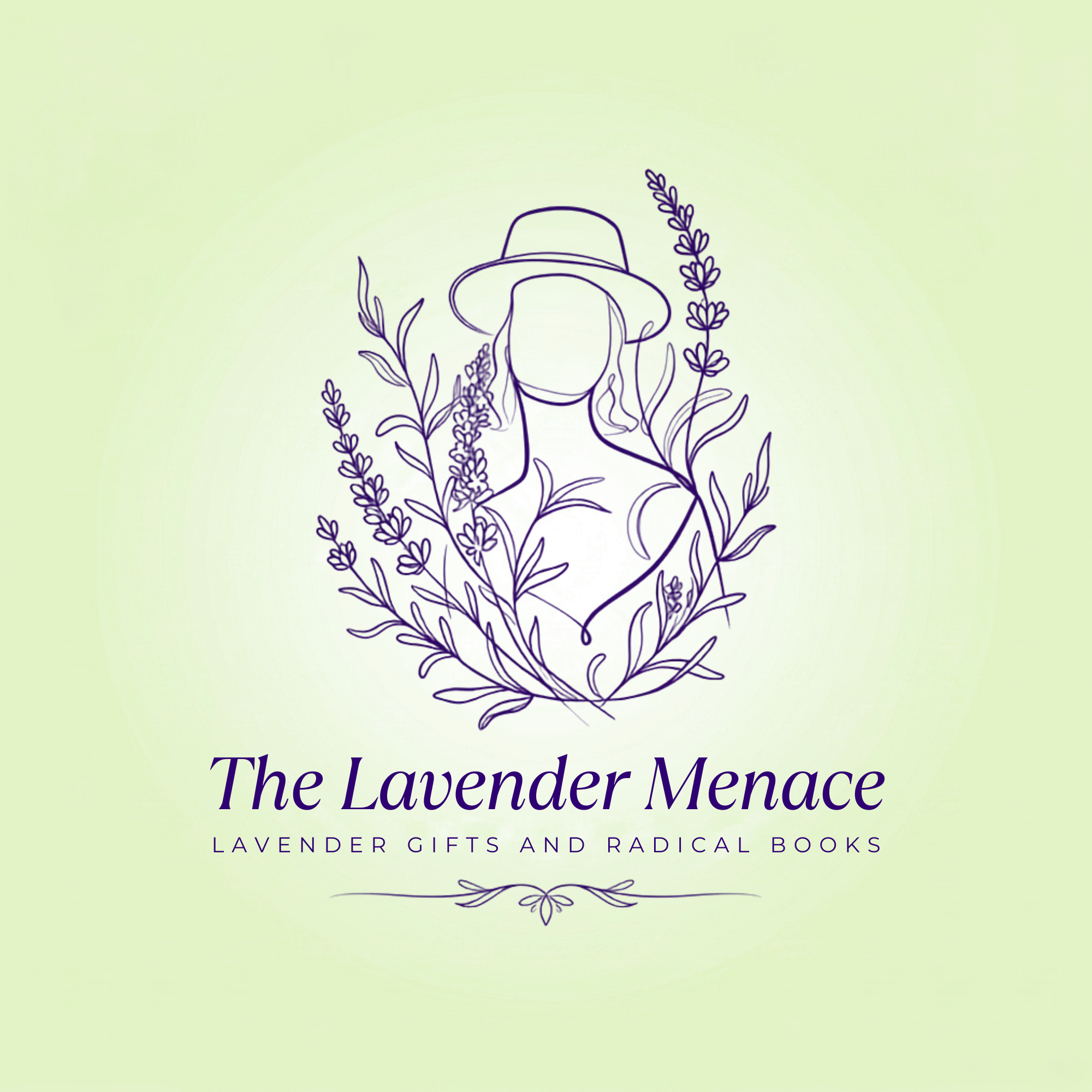 This is my site logo titled "The Lavender Menace: Lavender Gifts and Radical Books" with a minimalist line drawing of a woman wearing a hat, surrounded by lavender sprigs, on a light green background.