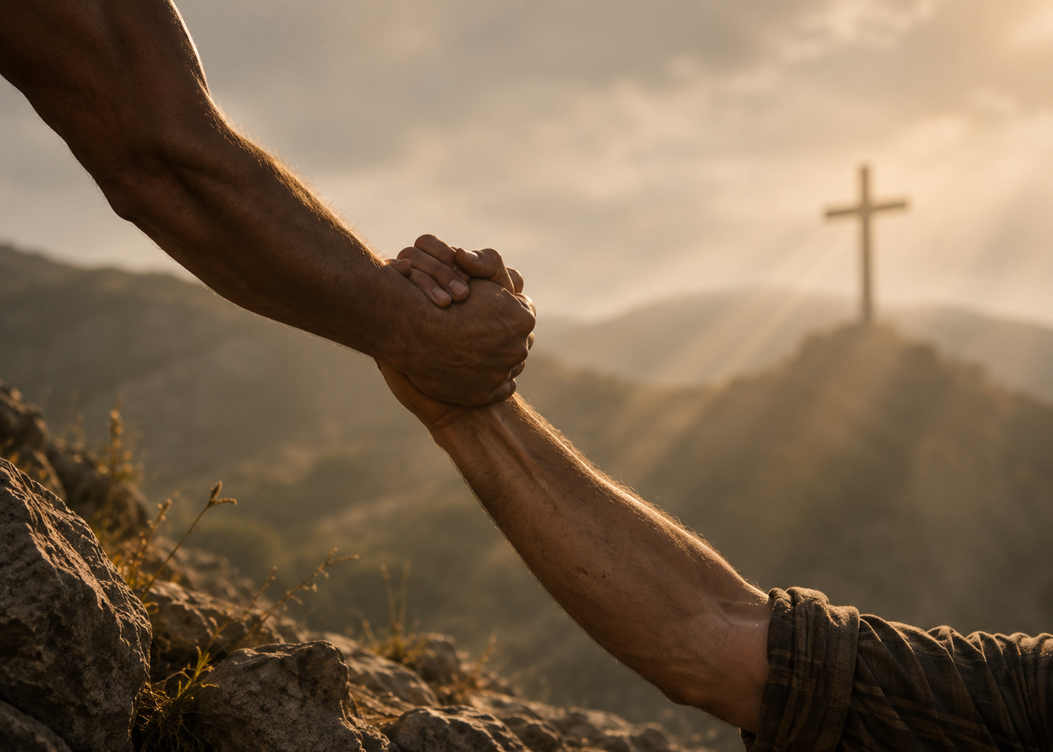 Two people reaching out to help each other on a rocky hillside, with a cross visible in the background on a hilltop at sunset.
