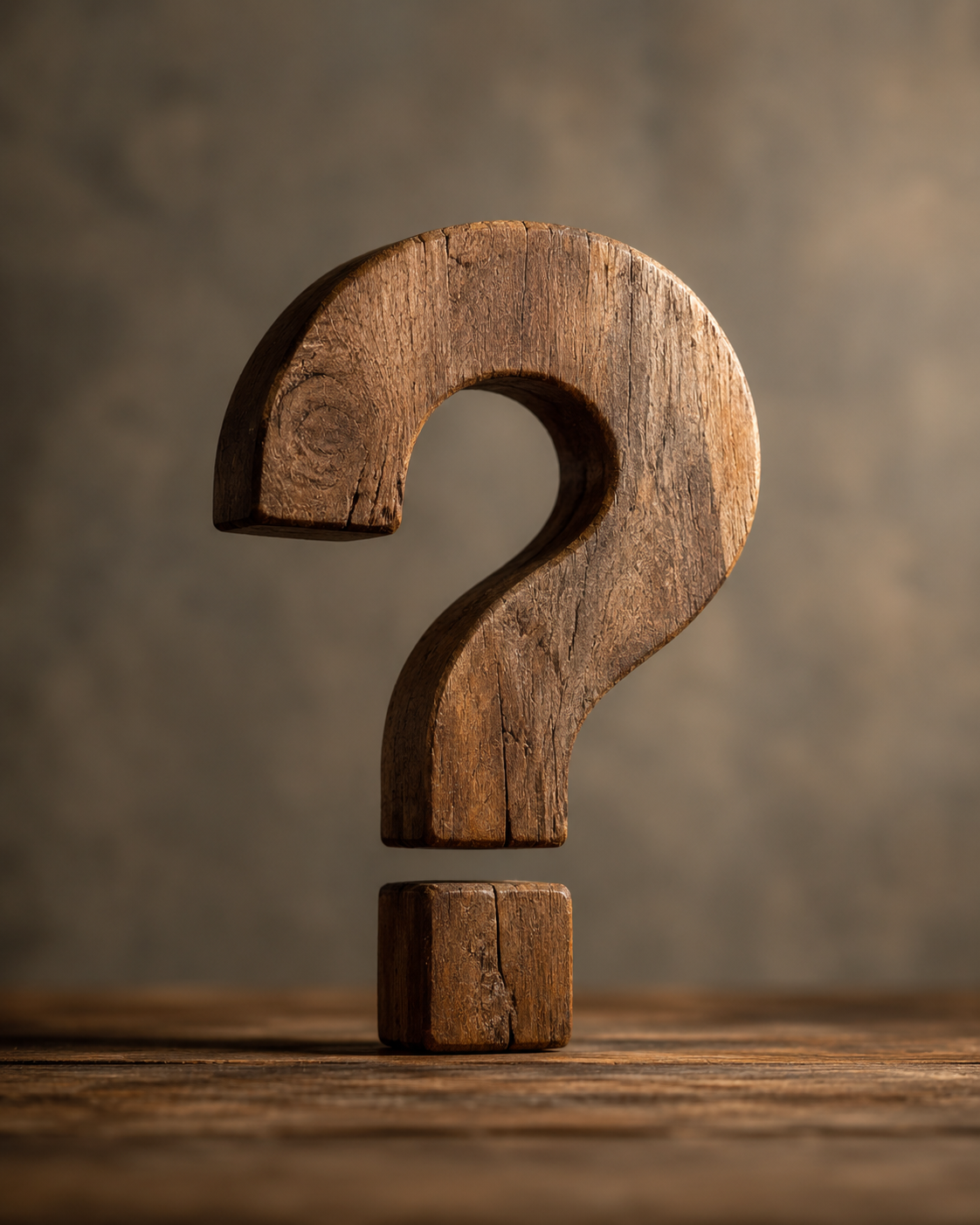 Close-up of a wooden question mark standing on a wooden surface against a blurred neutral background.
