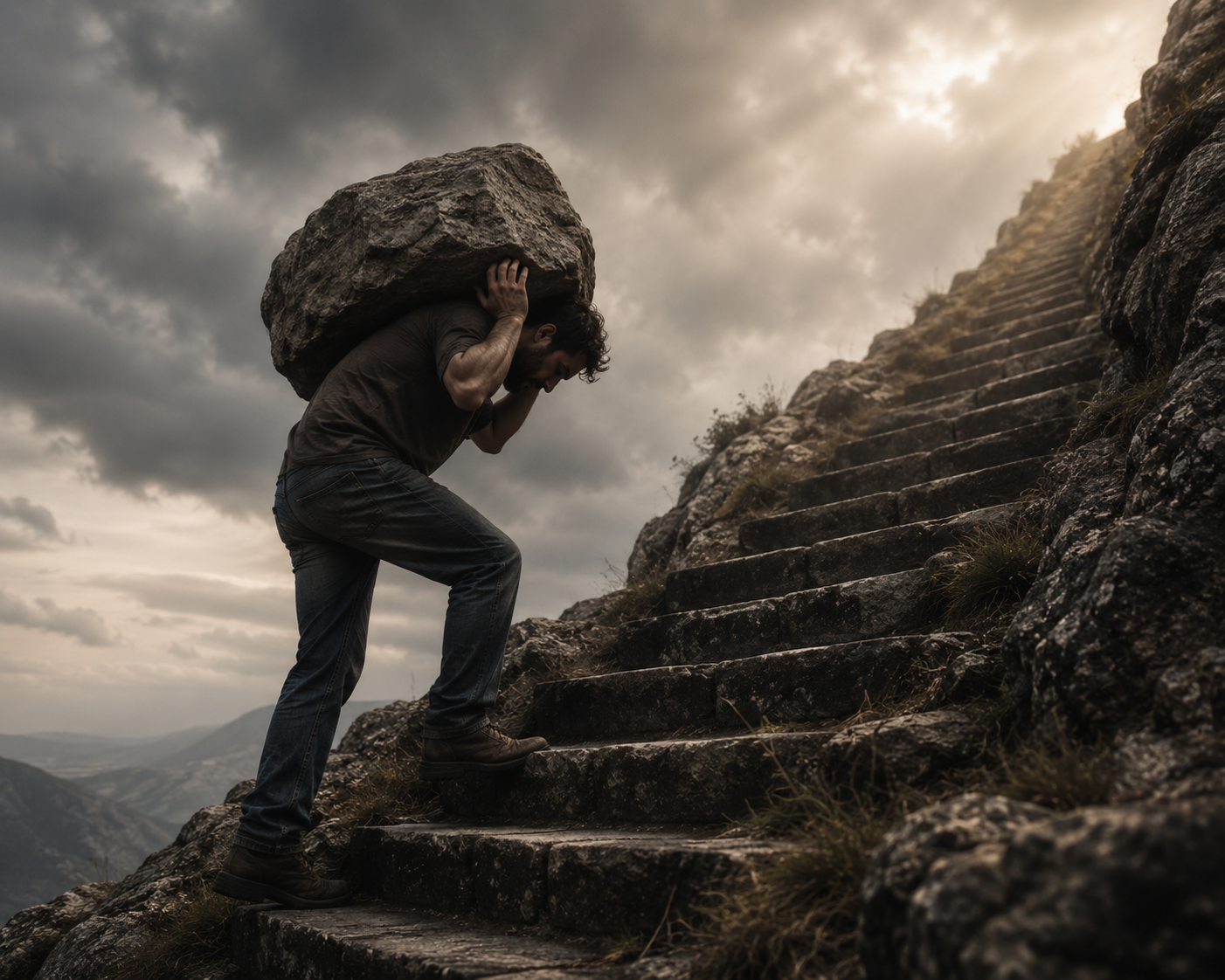 A man with dark hair and beard wearing a brown shirt and jeans, carrying a large boulder on his back, climbing stone steps outdoors on a mountain trail with cloudy sky