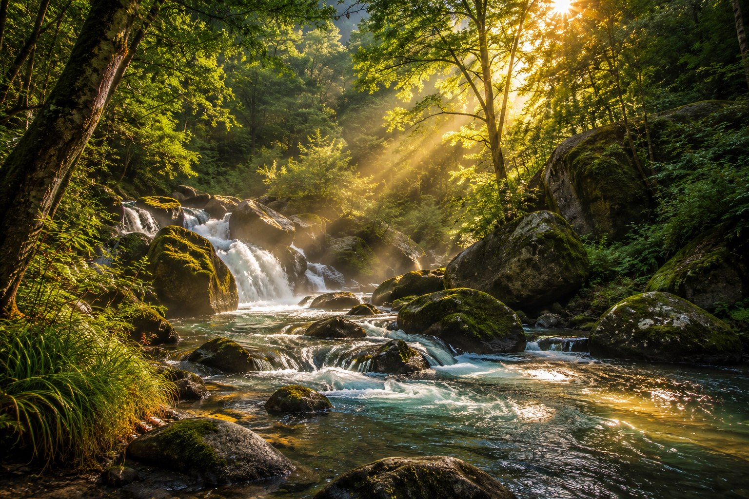 A forest scene with sunlight shining through trees onto a flowing creek with moss-covered rocks.
