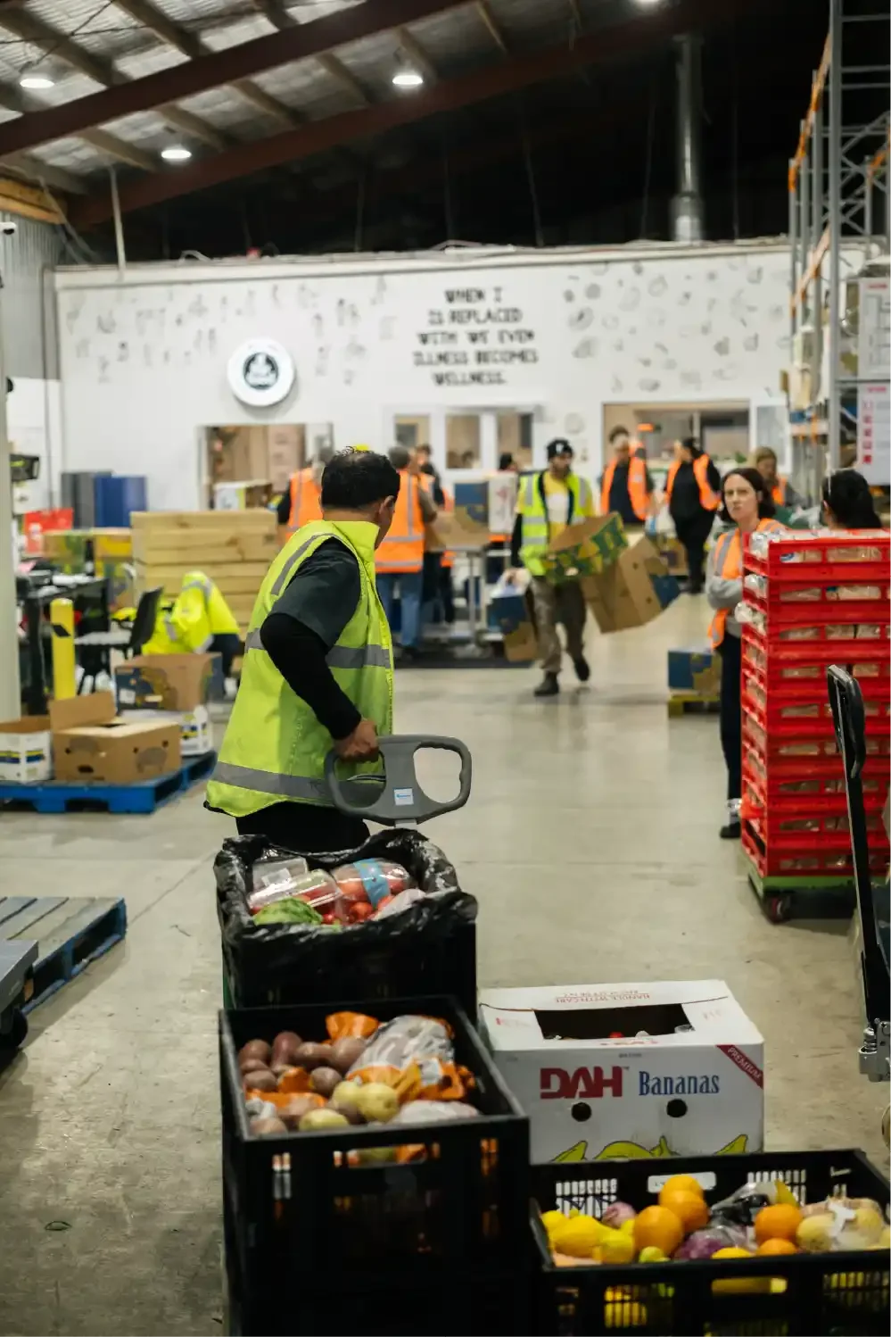 Workers in a warehouse sorting and arranging boxes of produce and supplies, with a man pushing a cart filled with fruits and vegetables, and shelves and crates visible around.