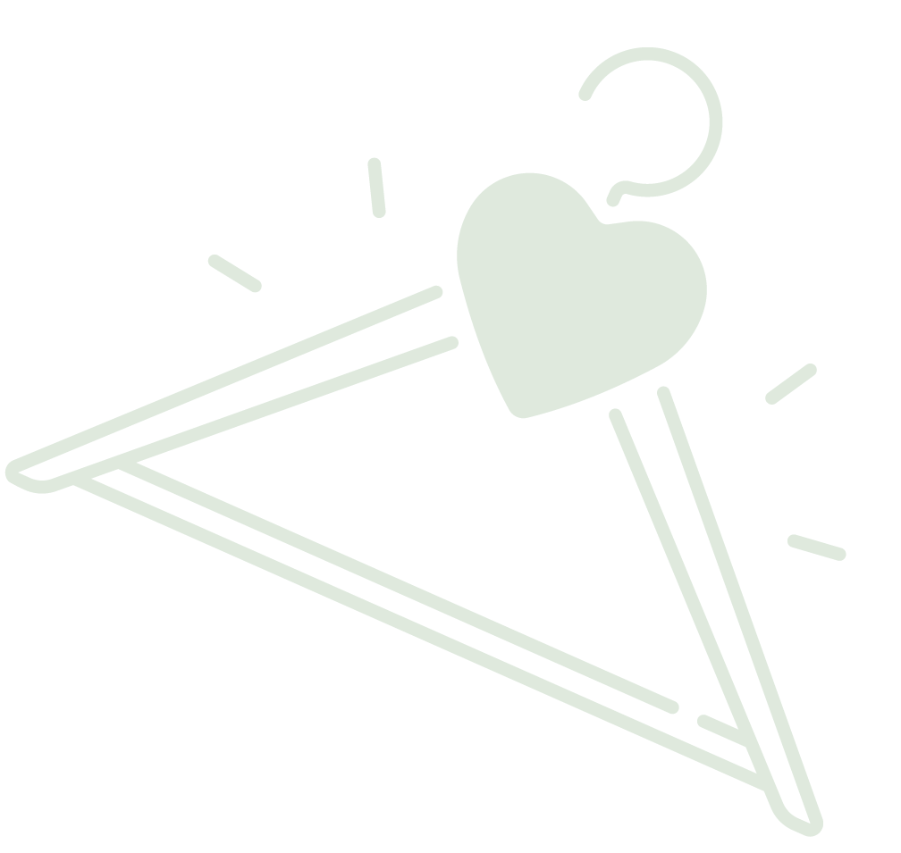 Line drawing of a coat hanger with a a heart-shaped top, with radiating lines indicating sparkle or shine.