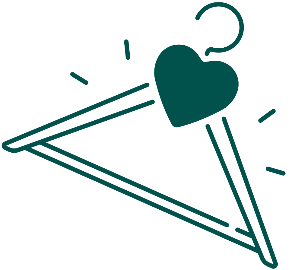 Line drawing of a coat hanger with a a heart-shaped top, with radiating lines indicating sparkle or shine.