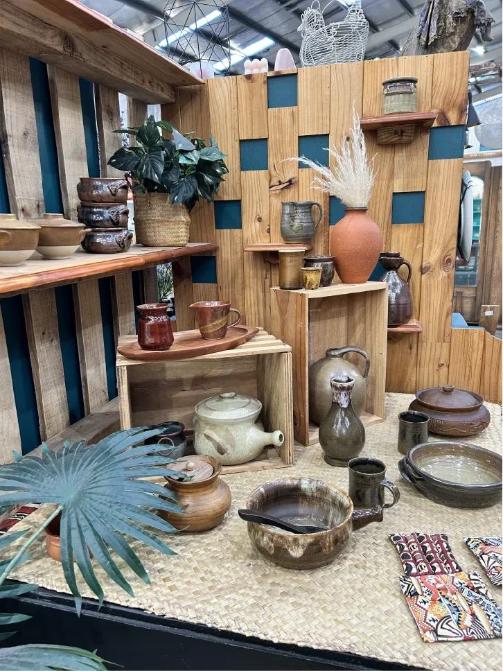 Display of pottery and ceramics on wooden shelves and a table, with potted plants, vases, bowls, and decorative items in a rustic shop setting.