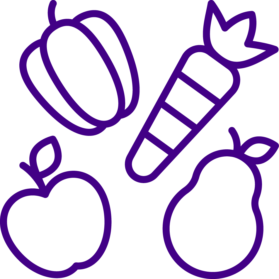 Outline drawings of a bell pepper, carrot, apple, and pear in purple on a black background.