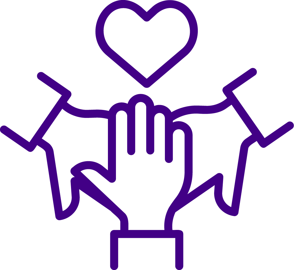 Line drawing of multiple hands reaching towards a heart at the top.