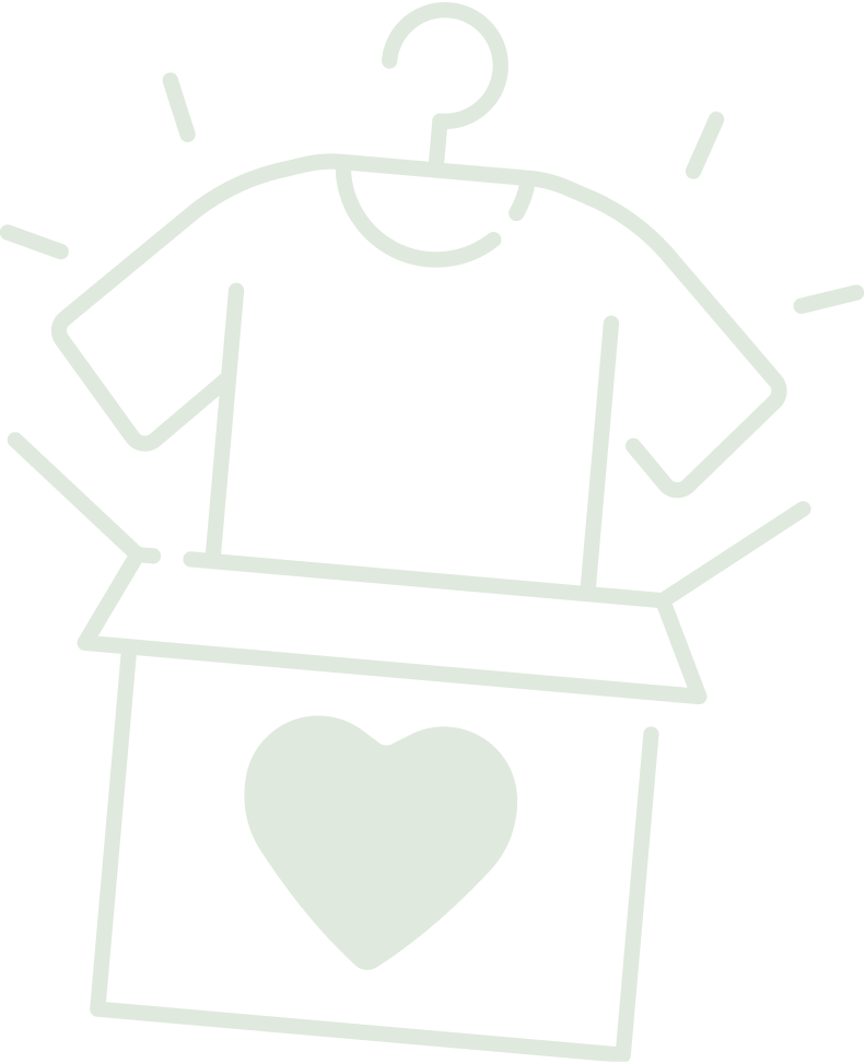 A line drawing of an open cardboard box with a shirt and a heart symbol inside it.