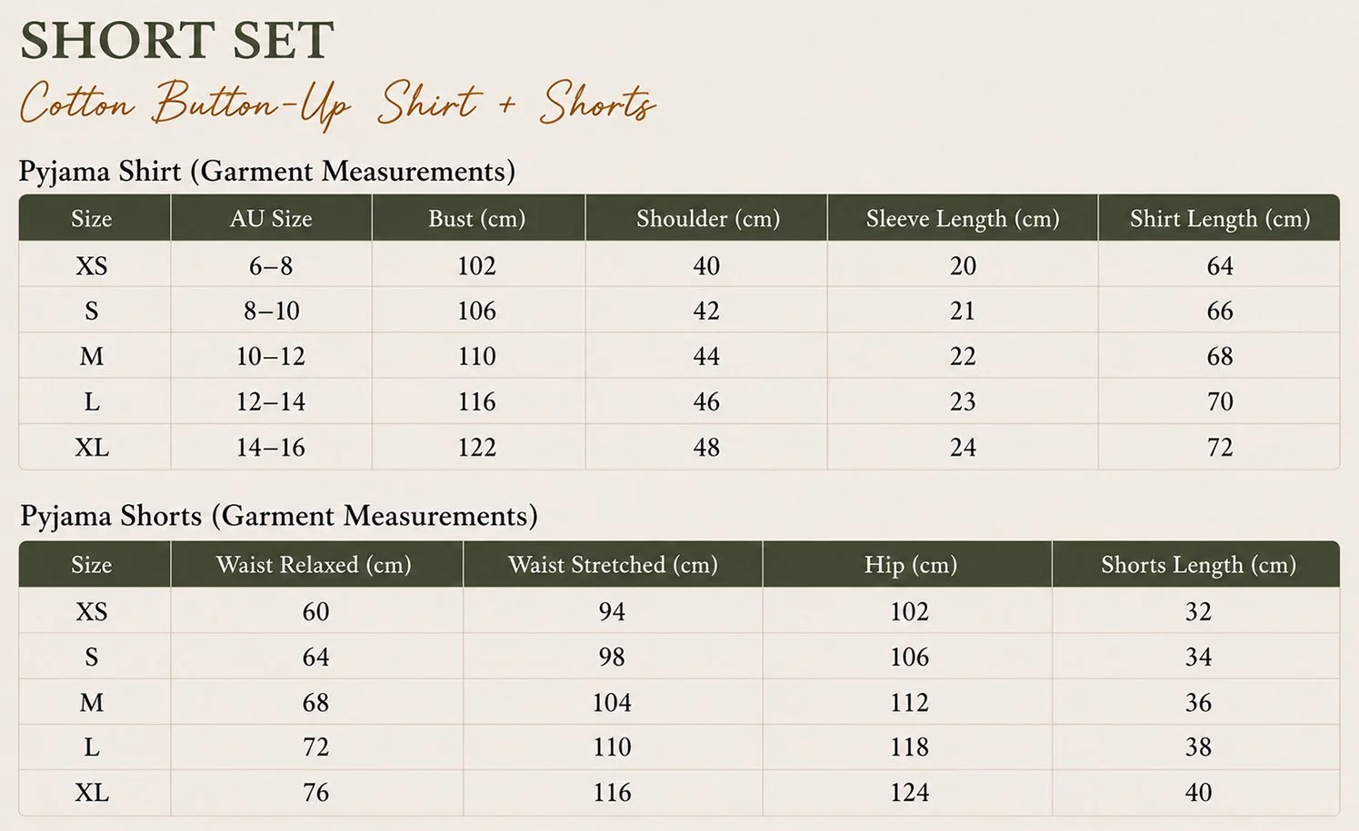 Wild & Kind Collective Pyjama Size Guide