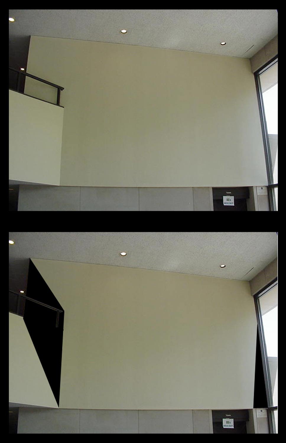  _____ Click to see entire  image _____  
Jeremy McDonnell
 Installation_RV_WGL-A1 
Before and After Views.  
Two Shaped and Colored Elements added to existing architecture 
From the installation series: Render Visible 
Bricker Building , The Ohio St