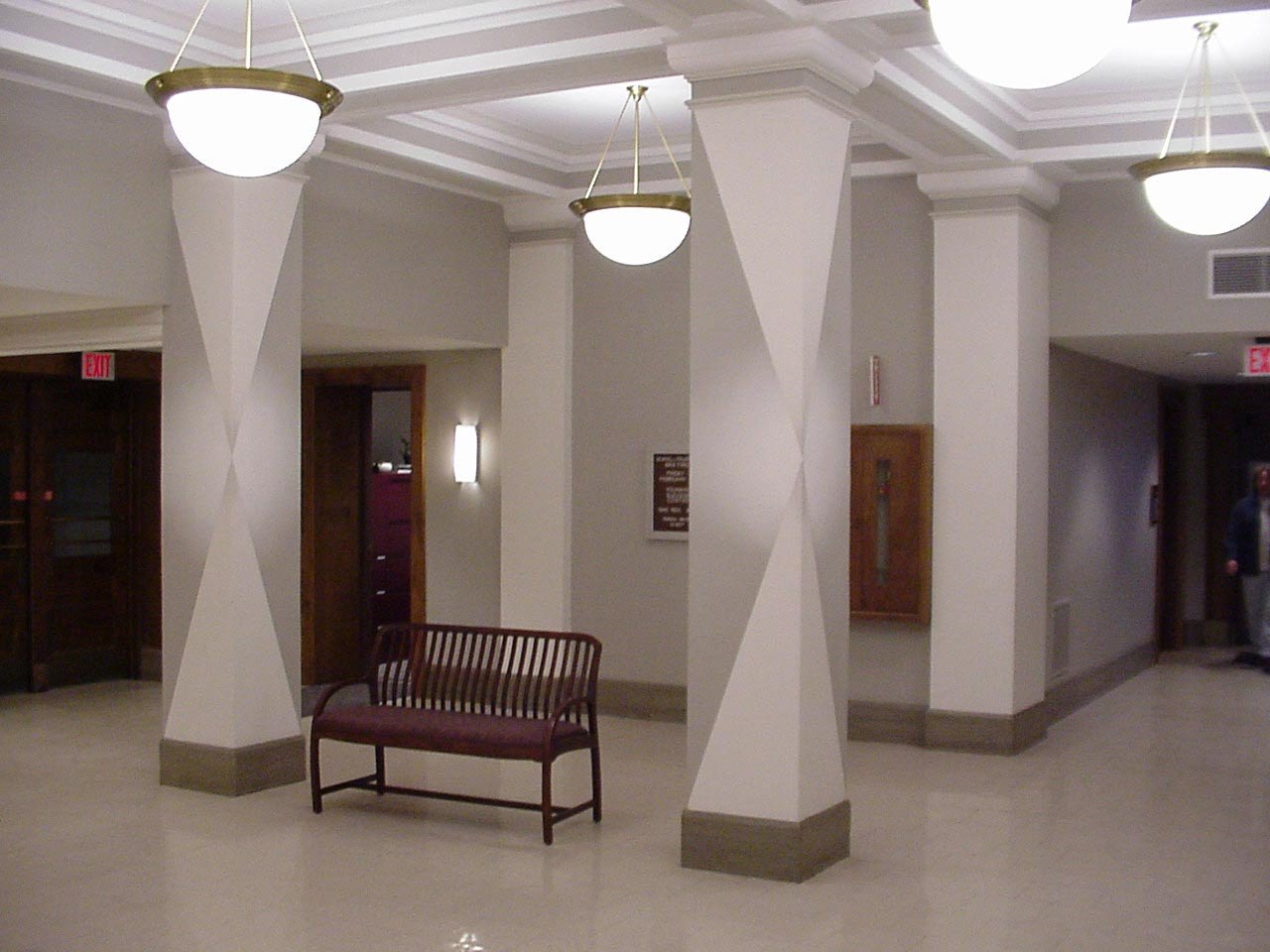  _____ Click to see entire horizontal  image _____  
Jeremy McDonnell
 Installation View _RV_Bricker1 
Four Shaped and Colored Elements added to existing architecture 
From the installation series: Render Visible 
Bricker Building , The Ohio State Un