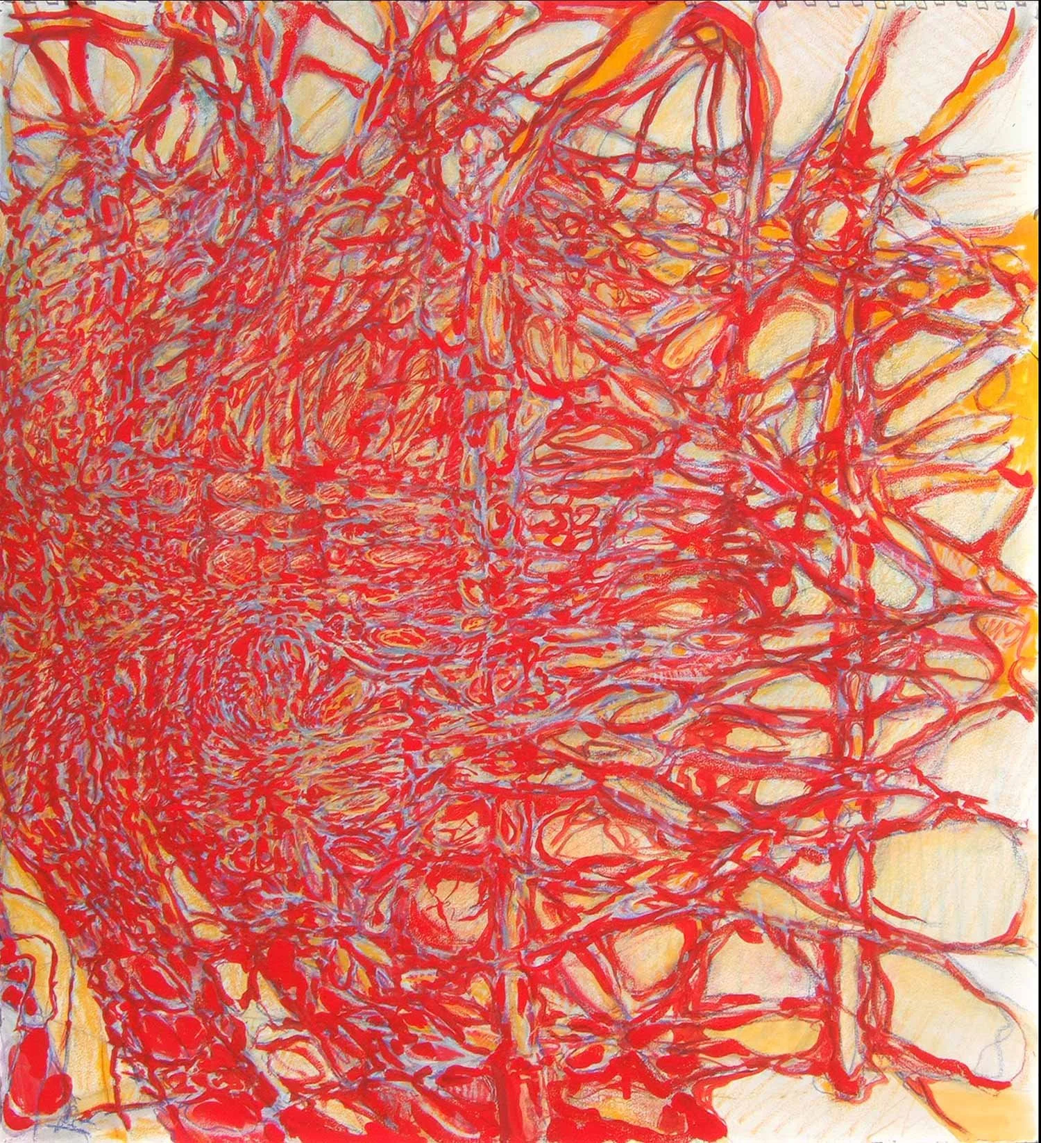  _____ Click to see entire horizontal image _____   Jeremy McDonnell 
 Red Poles , 2004 
Oils and Oil Crayons on Paper 
48 x 48 inches
