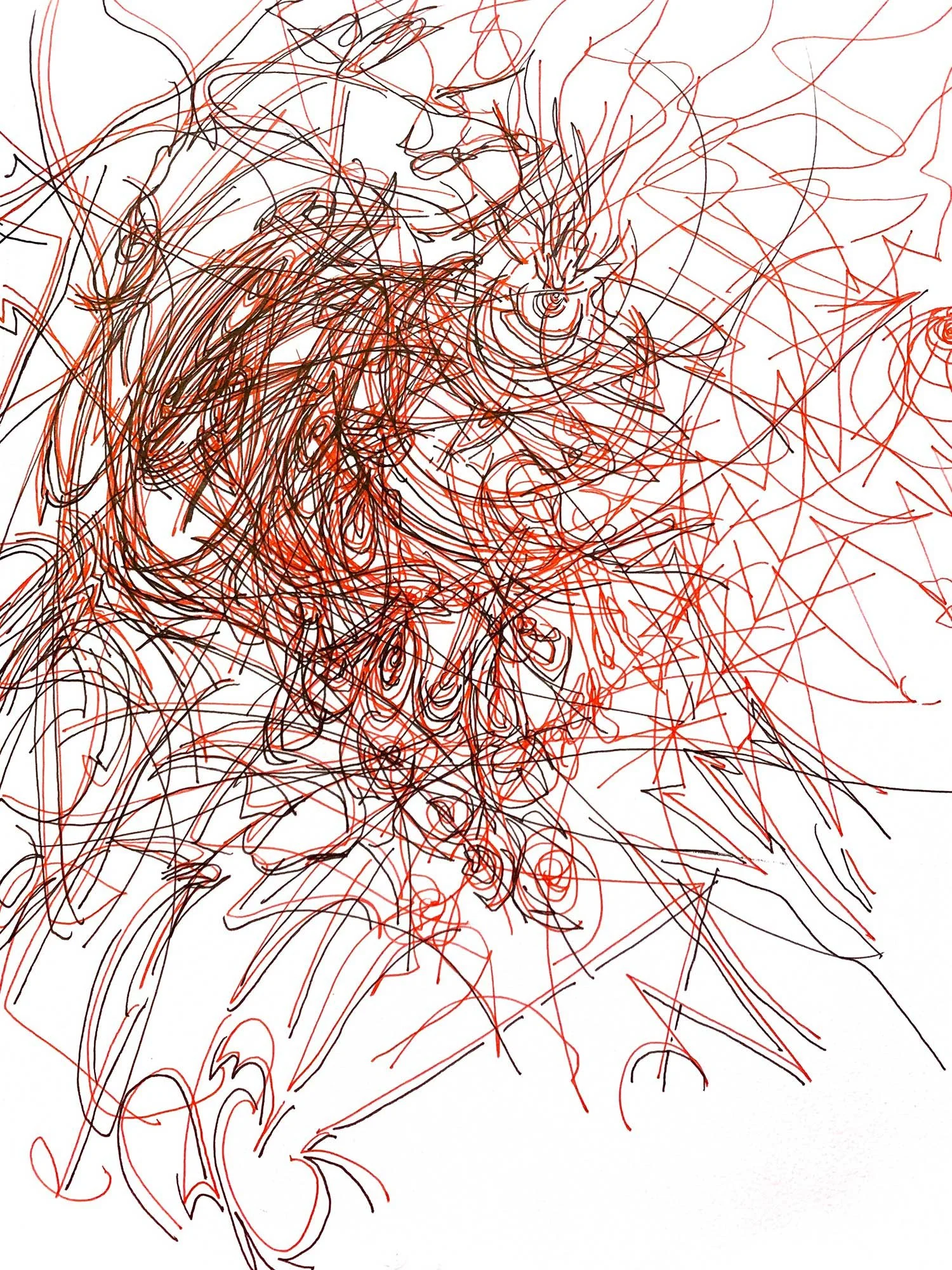  _____ Click to see entire image _____    Jeremy McDonnell 
 Doubled Lines - Red Black , 2024 
Charcoal on Paper 
15 x 11 inches