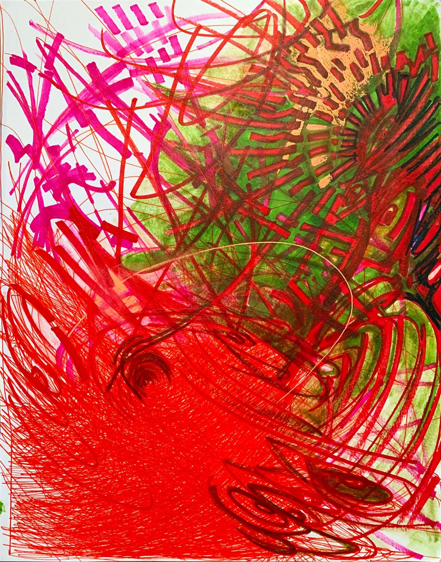  _____ Click to see entire image _____   Jeremy McDonnell 
 Green - Bright Red Lower Corner , 2020 
Colored Pens one Paper 
12 x 8 1/4  inches