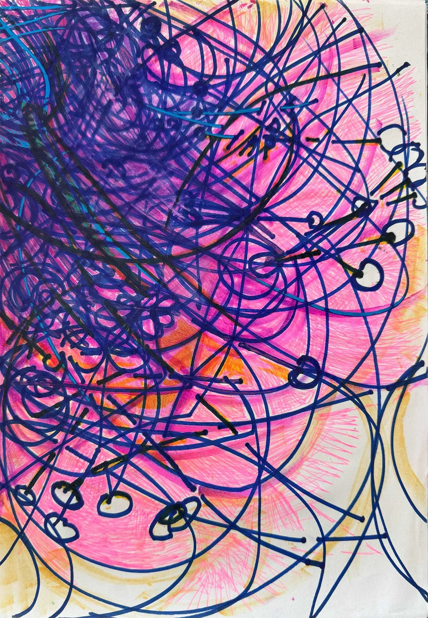  _____ Click to see entire image _____   Jeremy McDonnell 
 Orbit - Blue on Pink, 2026  
Colored Pens on Paper 
12 x 8 1/4 inches