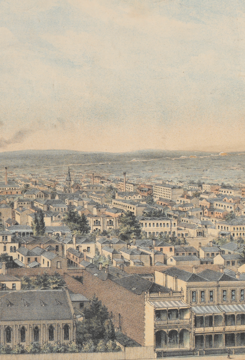 Illustration of a cityscape with numerous rooftops, buildings, trees, and a cloudy sky in the background.