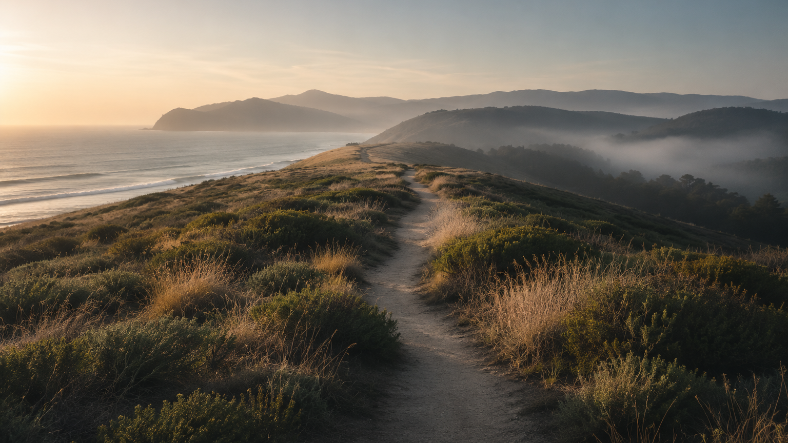 A dirt trail running through coastal vegetation on a hillside, with an ocean view on the left and mountains in the background at sunrise or sunset.