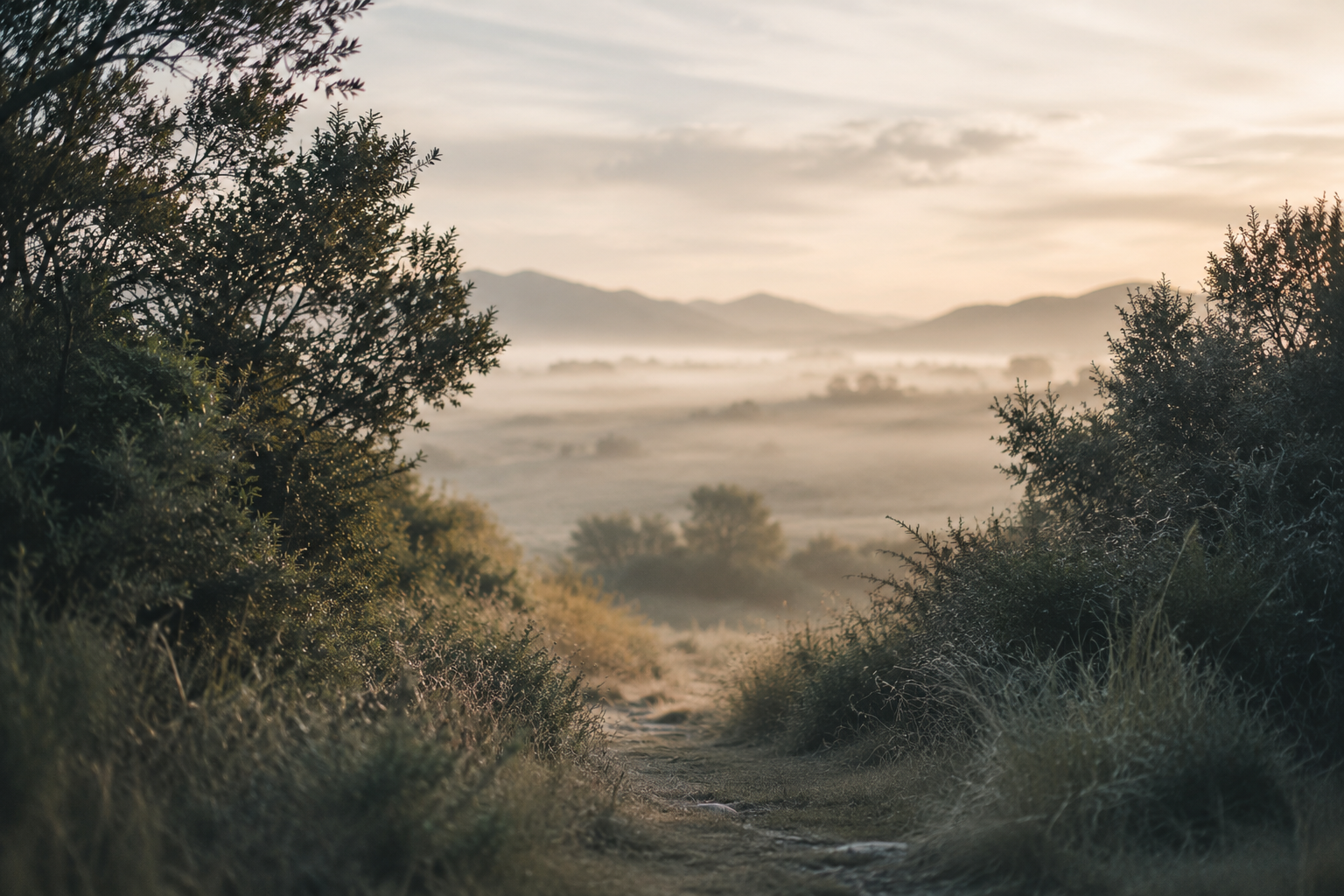 A dirt path surrounded by bushes and trees with mountains and a foggy landscape in the background at sunrise or sunset.