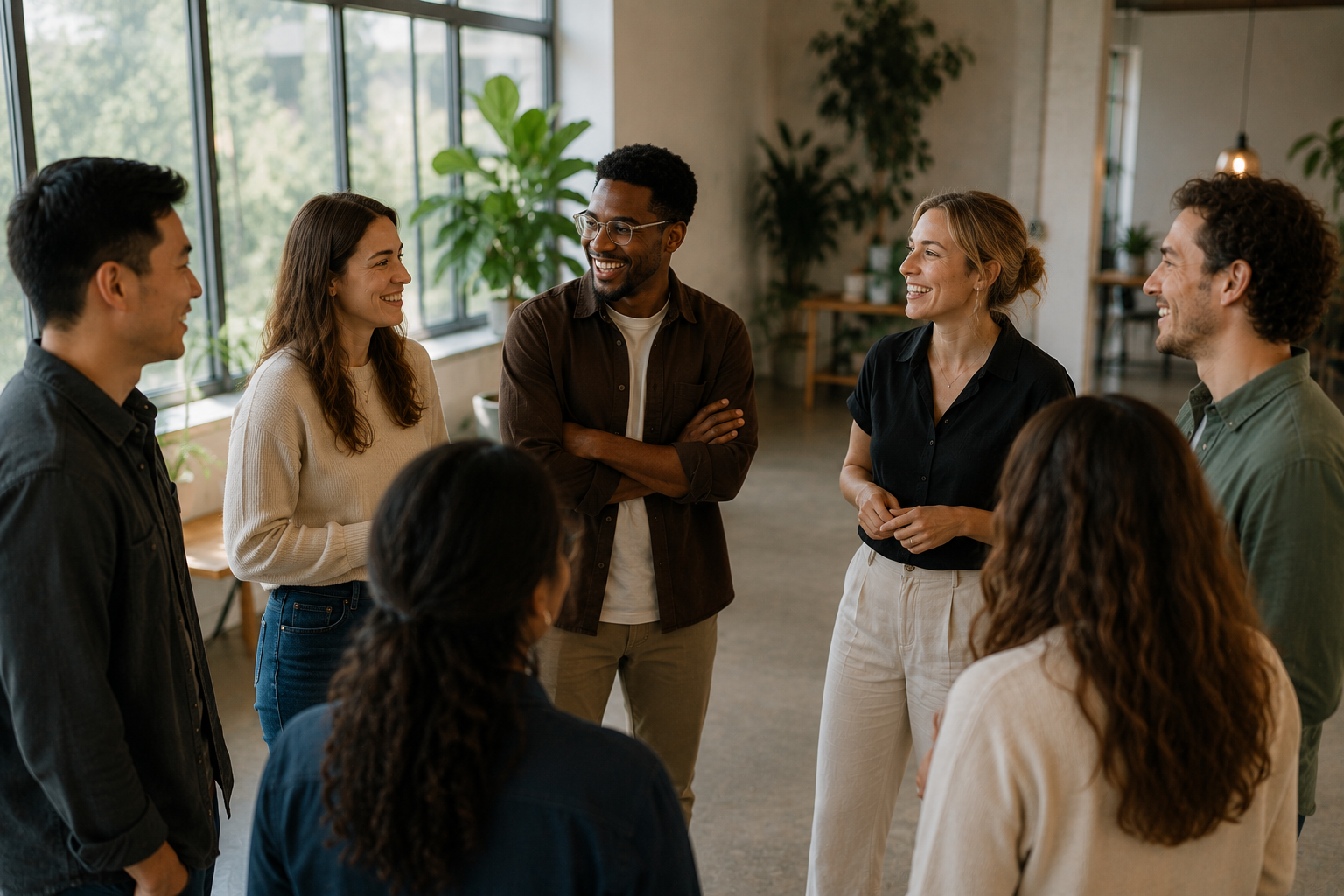 Group of diverse coworkers smiling and talking in a modern office with large windows and indoor plants.