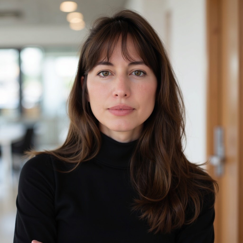 A young woman with long brown hair wearing a black turtleneck sweater, standing indoors with a blurred background.