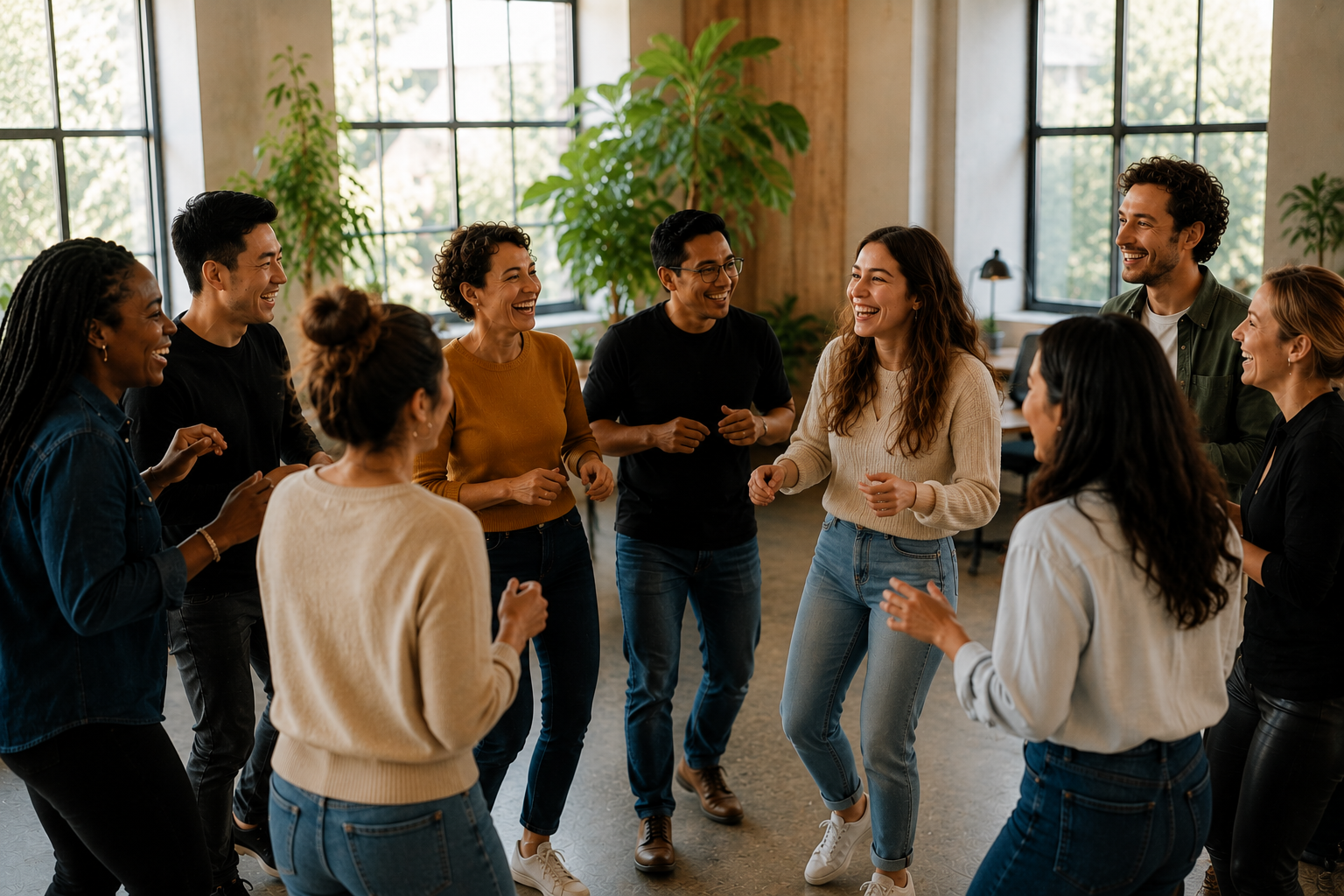 A diverse group of people dancing and laughing together in an office space with large windows and plants in the background.