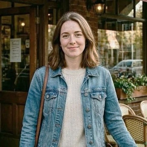 A young woman smiling outdoors, wearing a denim jacket and a light-colored sweater, standing near a building with a window and potted plants. Book Keeping