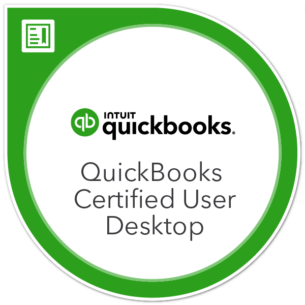 QuickBooks Certified User Desktop badge with green and white design. Book Keeping