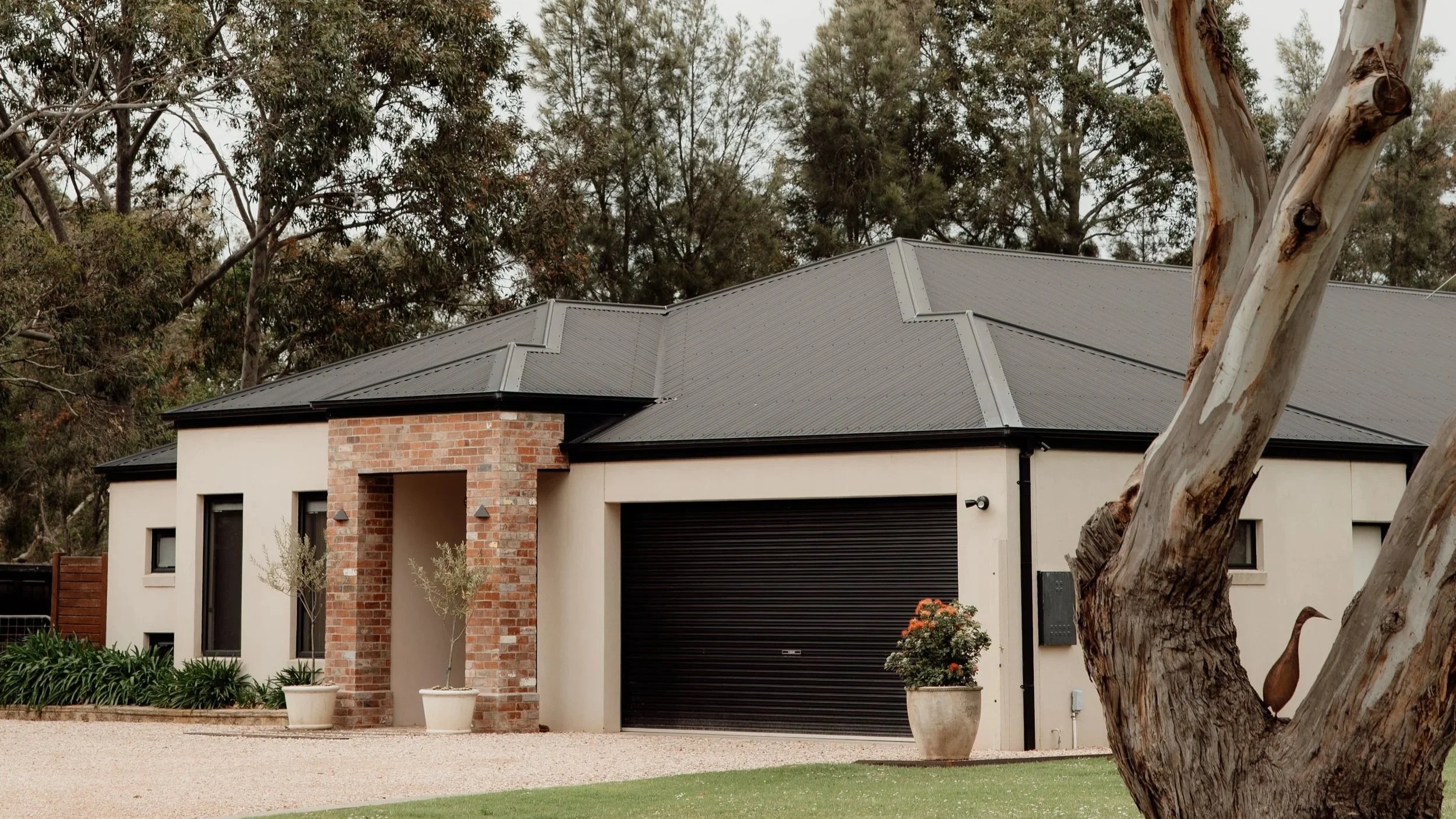 Modern house with a black roller garage door, brick and stucco exterior, surrounded by landscaping, with a large tree in the foreground.