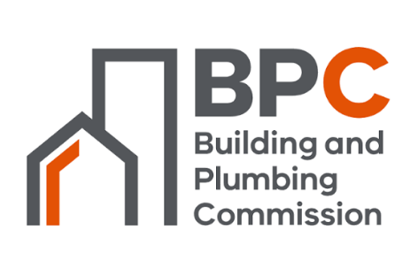 Logo for the Building and Plumbing Commission featuring a house outline with a pipe and the text 'BPC Building and Plumbing Commission'.