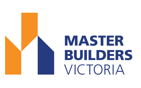 Logo for Master Builders Victoria with orange and blue geometric shapes resembling houses.