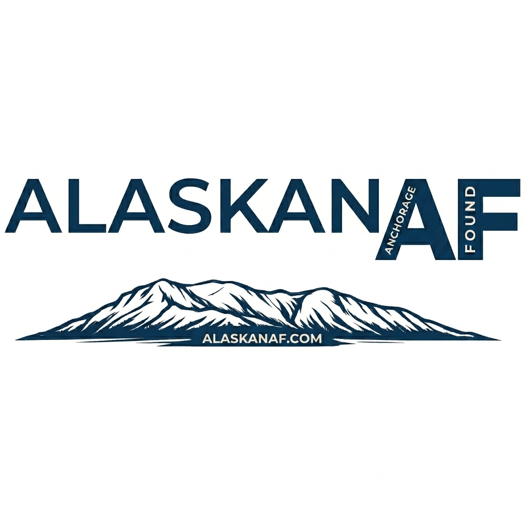 Logo with the word 'Alaska' and a mountain illustration below it; the mountain is white with blue accents, and the logo includes the words 'Anchorage' and 'Found' around the letter 'A,' with the website 'alaskanaf.com' at the bottom.