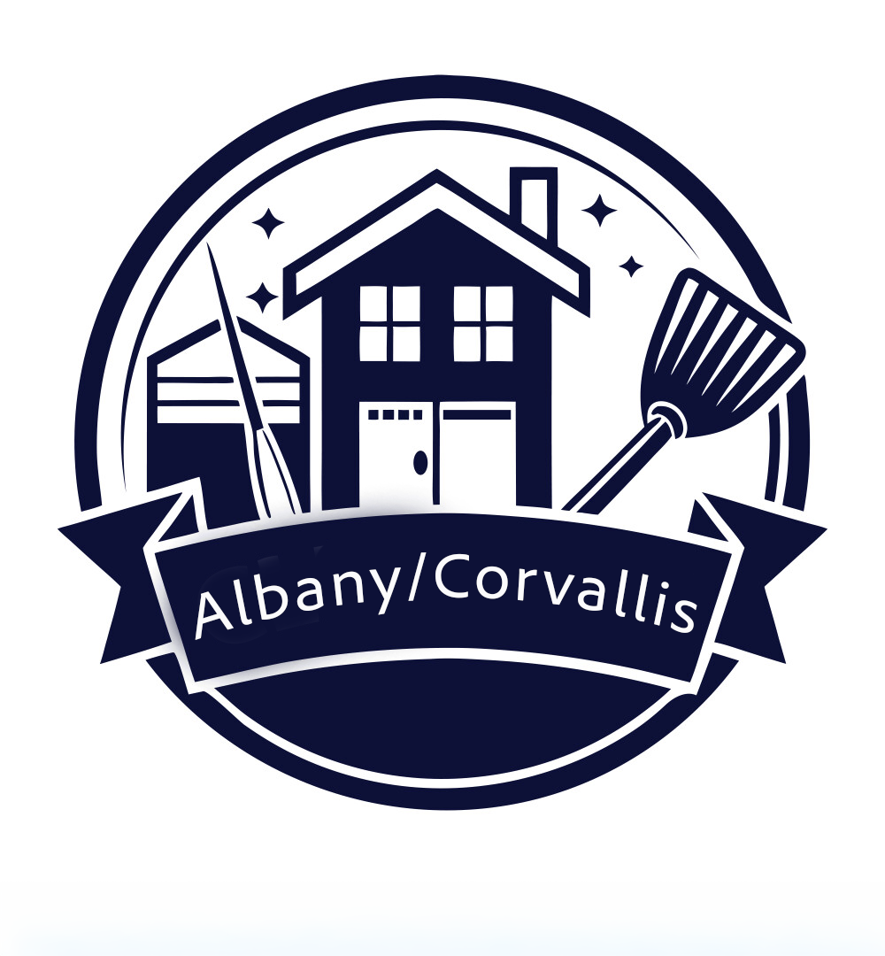 A circular logo featuring a house, a shed, a rake, and stars, with a banner reading 'Albany/Corvallis'.