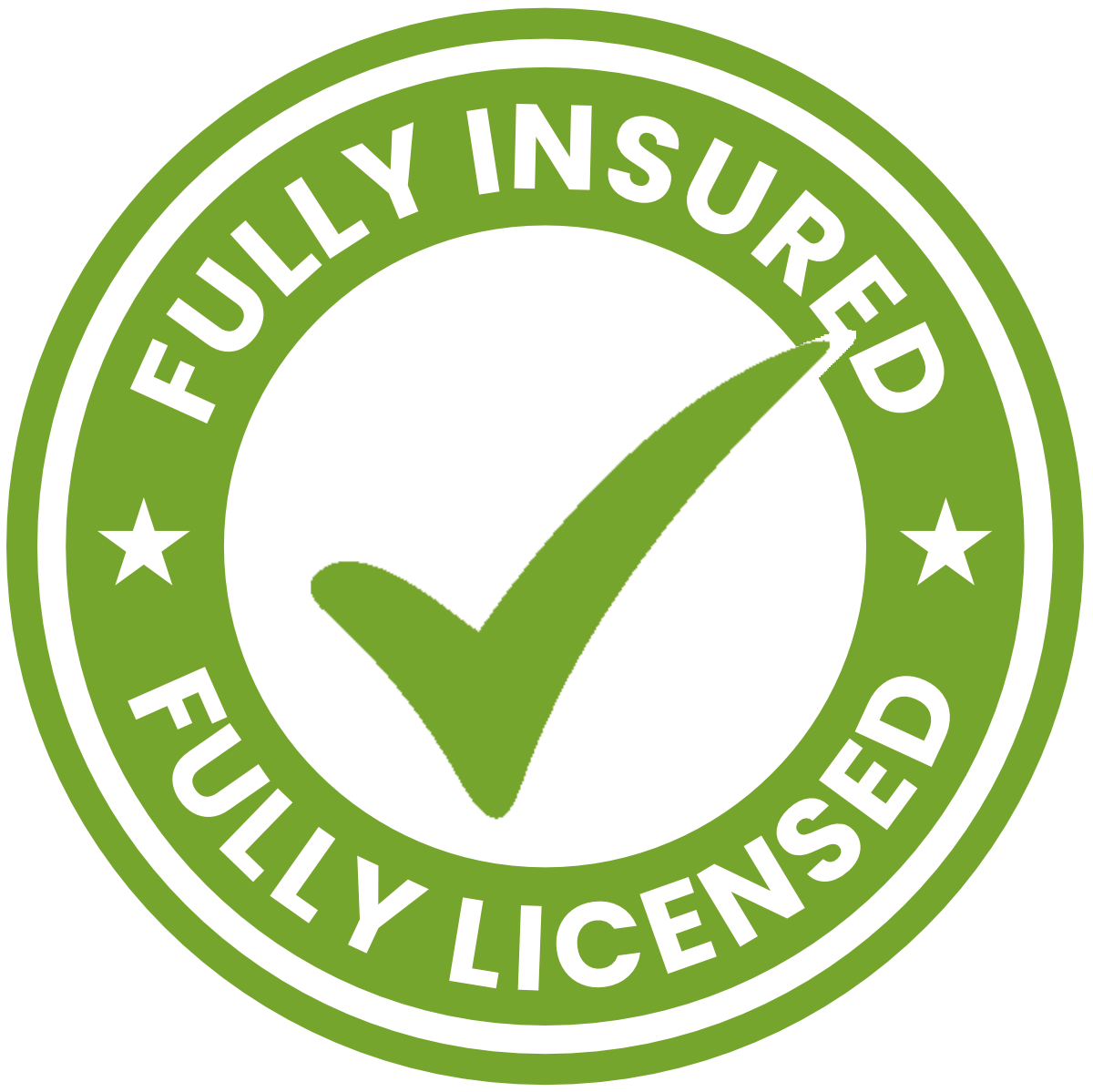 Fooly Insured Fully Licensed badge with green border, black inner circle, and white checkmark in the center.