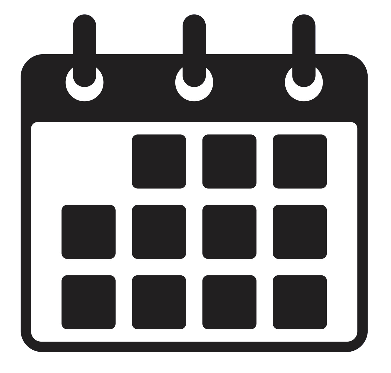 Simplified illustration of a calendar with black and white color scheme, showing a grid of days. The calendar has a dark header with three hooks or rings at the top.