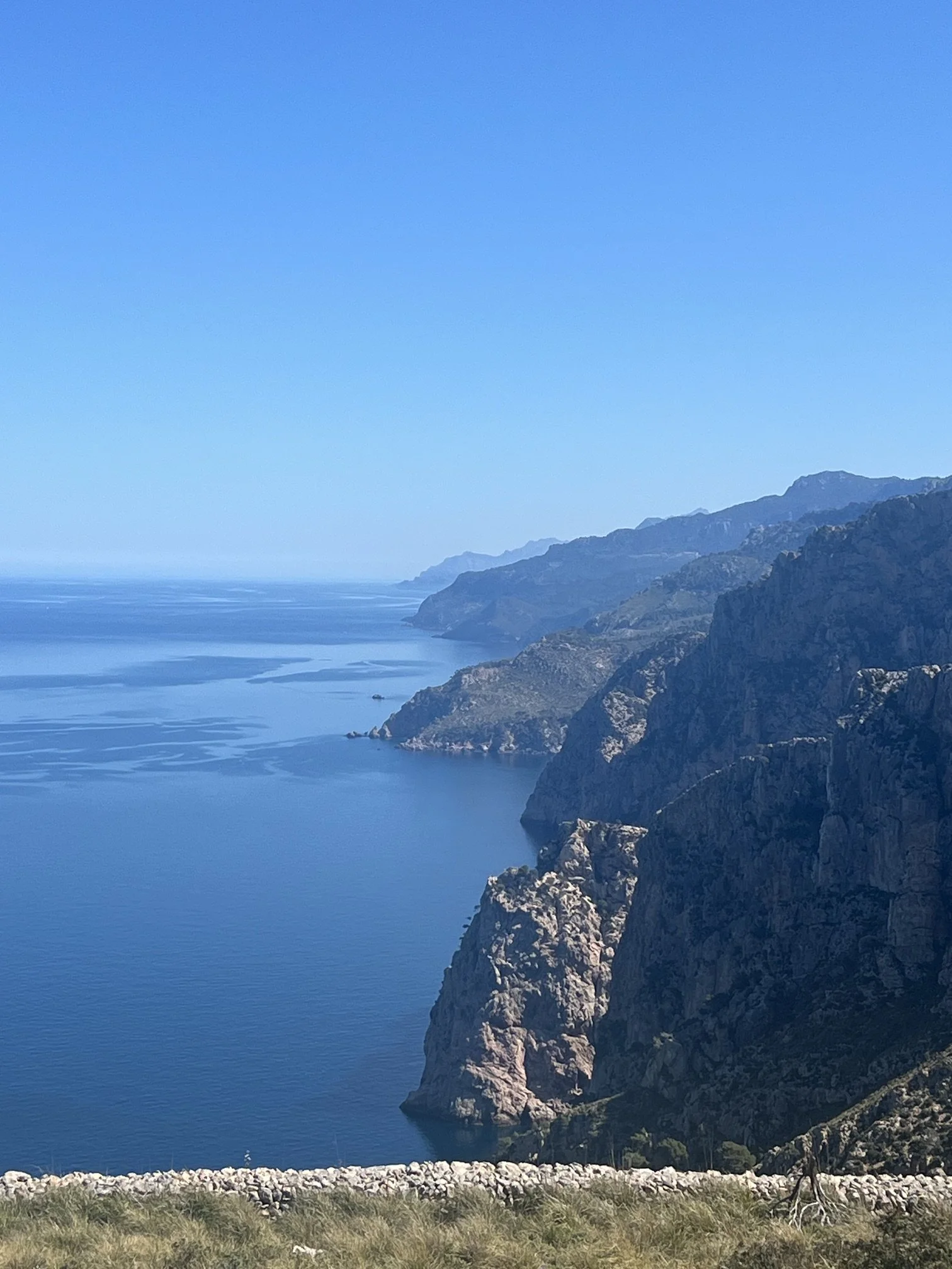A scenic coastal landscape featuring rugged cliffs dropping into the blue ocean, with a clear blue sky above and some grass and rocks in the foreground.