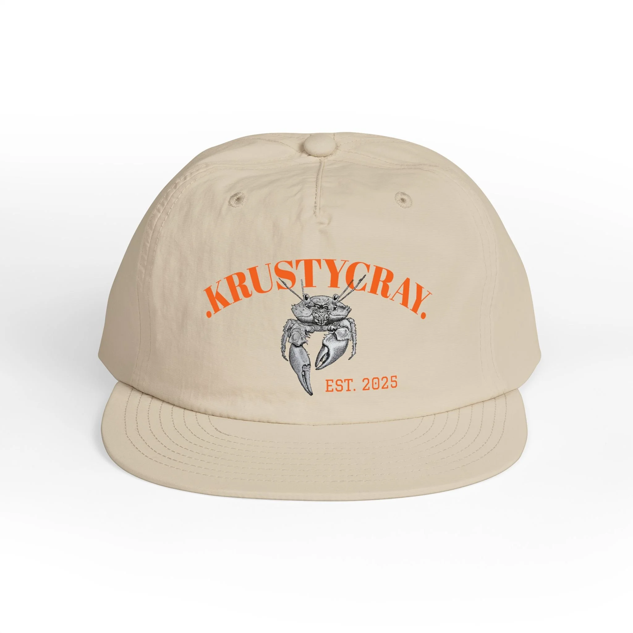 Sand surf cap with logo and text reading 'KRUSTYCRAY' and 'EST. 2025' printed on it, viewed from the front. Plain background