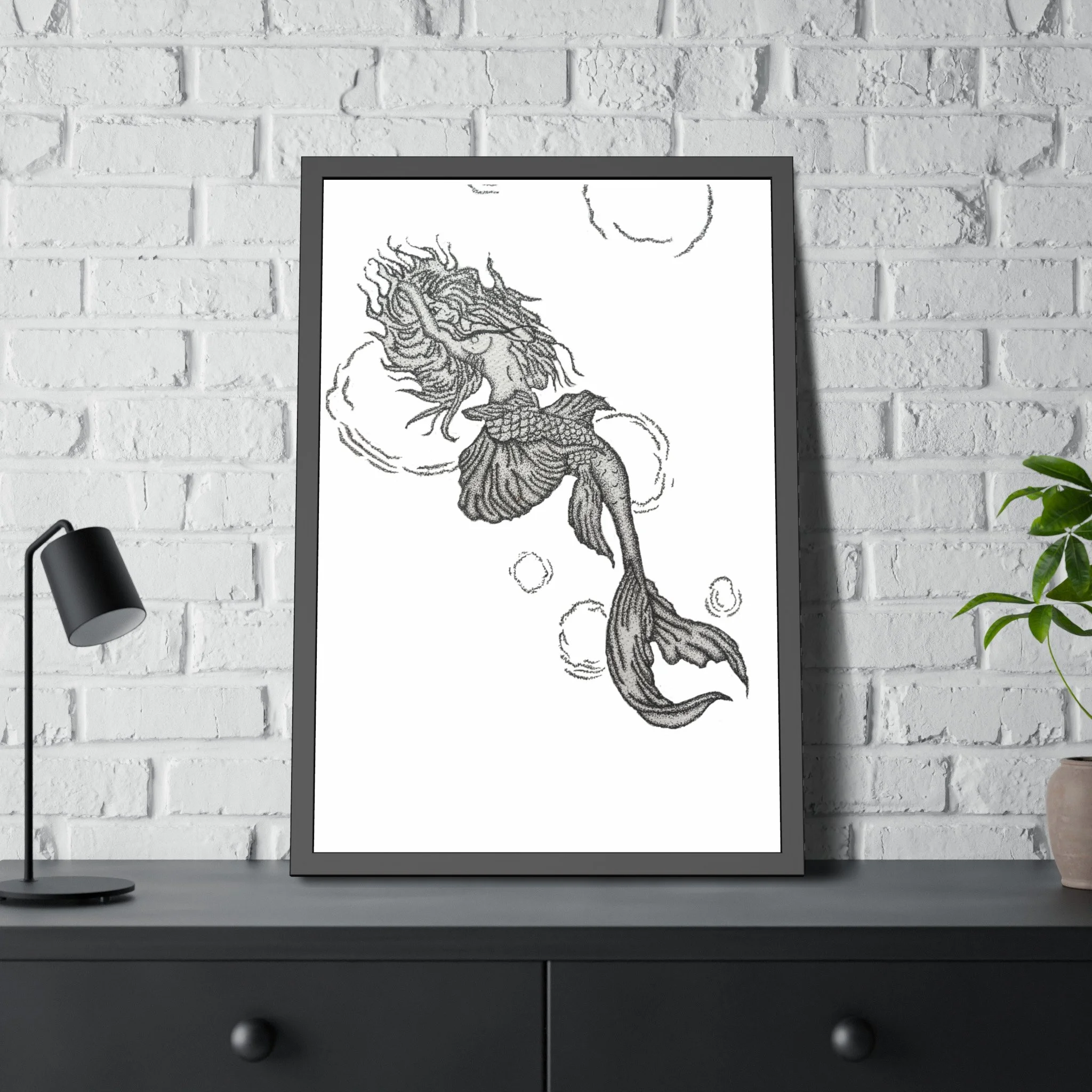 Stippled Mermaid Siren Framed Print