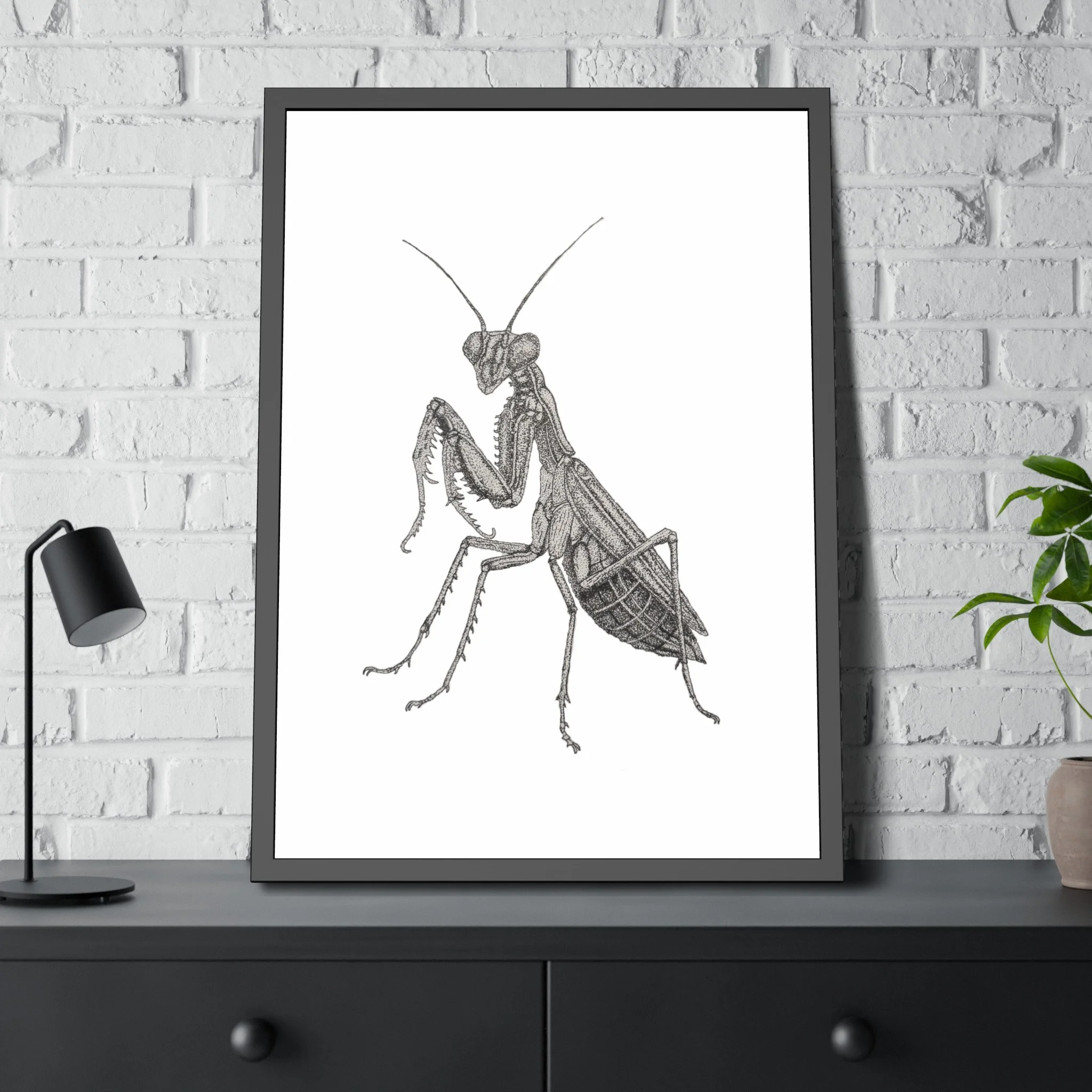 Stippled Mama Mantis Framed Print