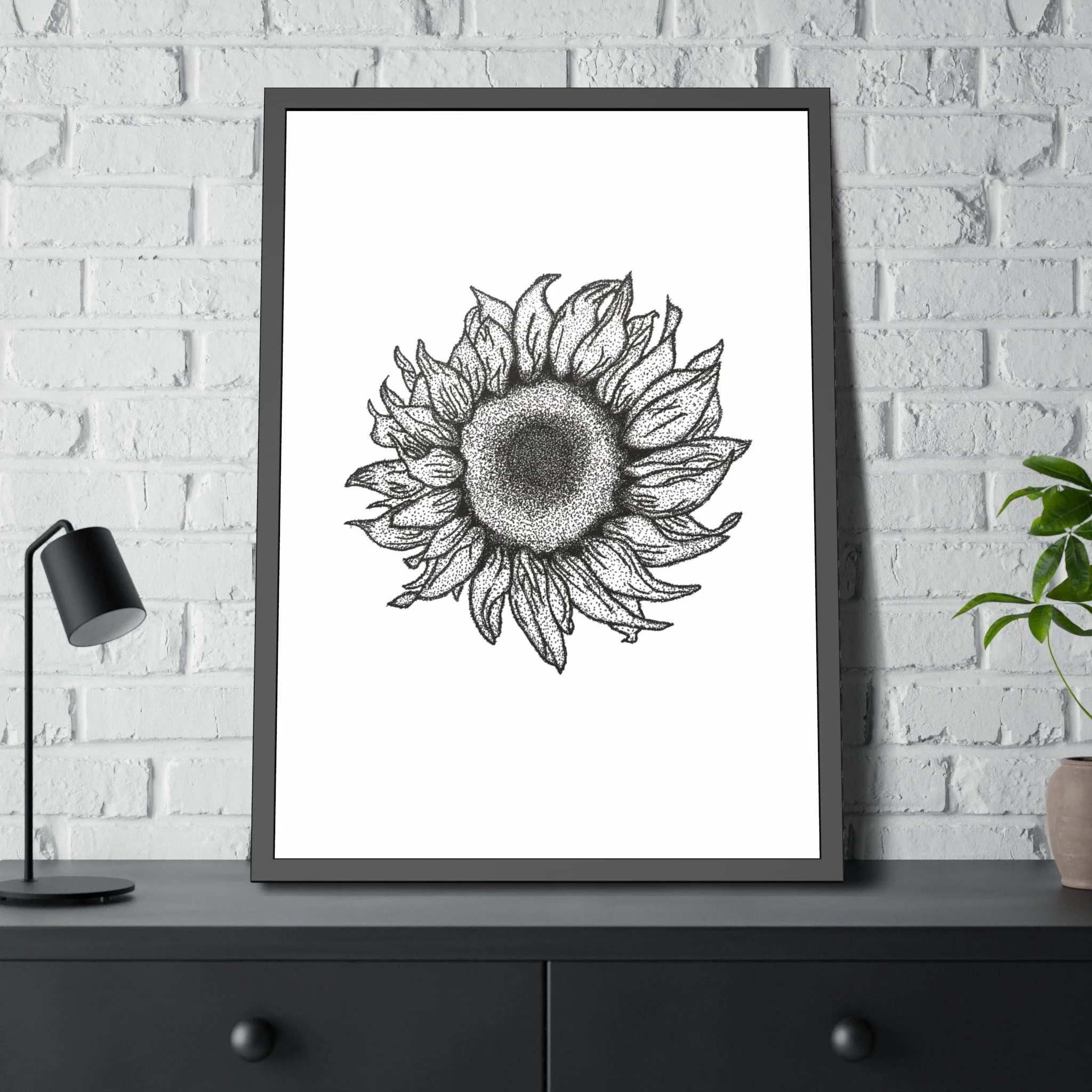 Sunflower Stipple Drawing Framed Print