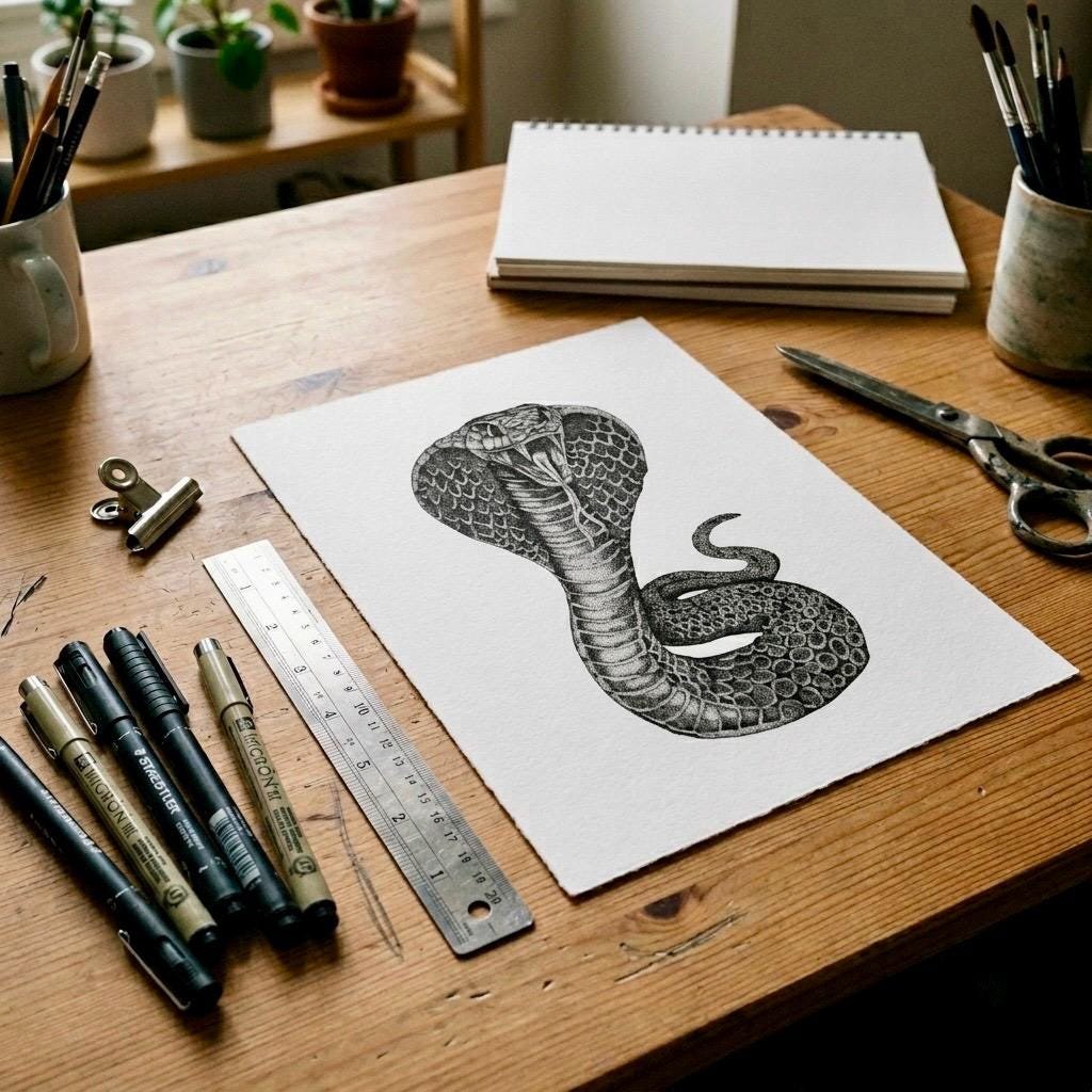 Meticulous black ink stipple drawing of a cobra snake on a3 paper, displayed on a wooden artists workspace with fine liner pens.